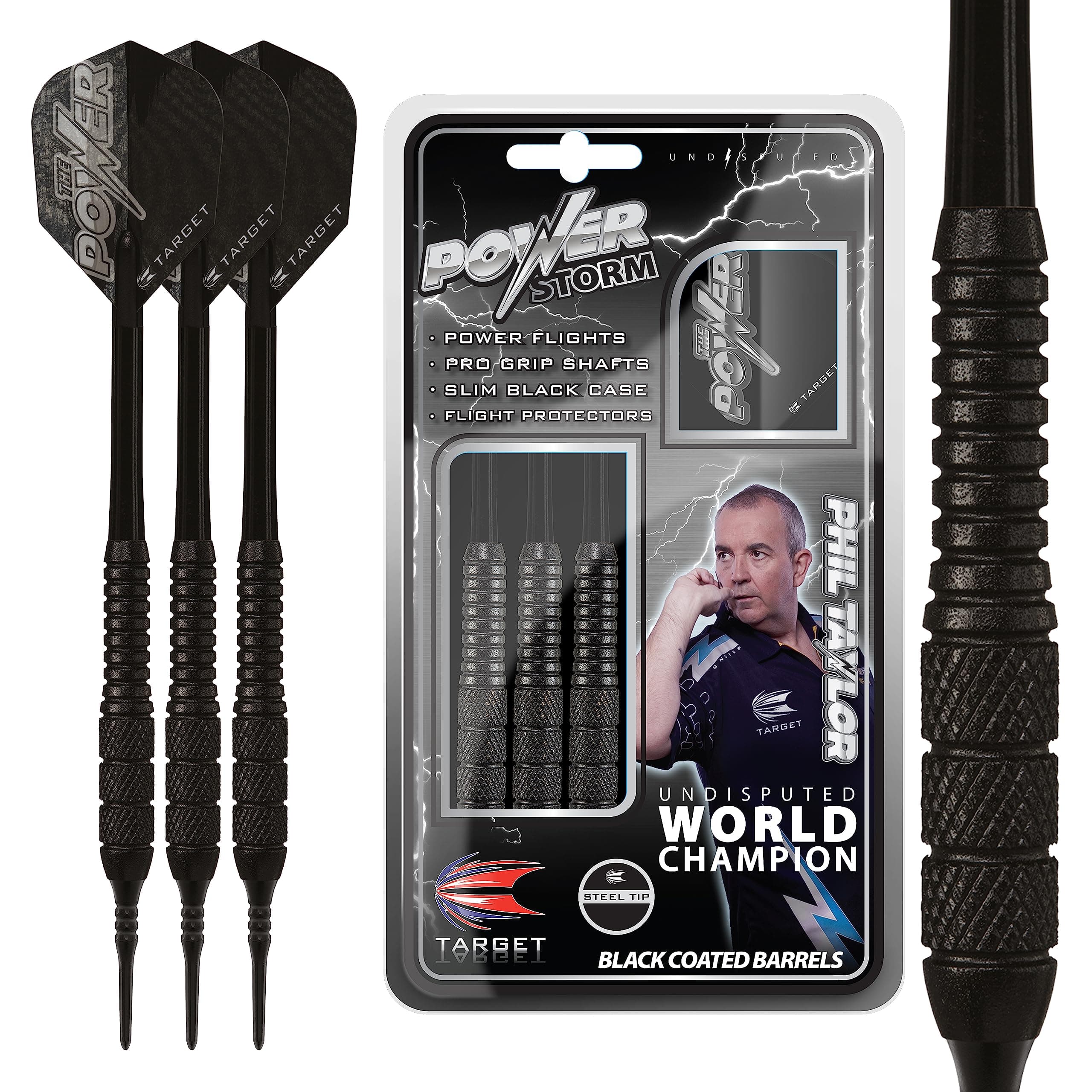 TARGET Darts Phil Taylor Power Storm Soft Tip Darts Set | 18G Pixel Tip Dart, The Power Player Edition Set with Case | Beginner Darts, Professional Darts Accessories