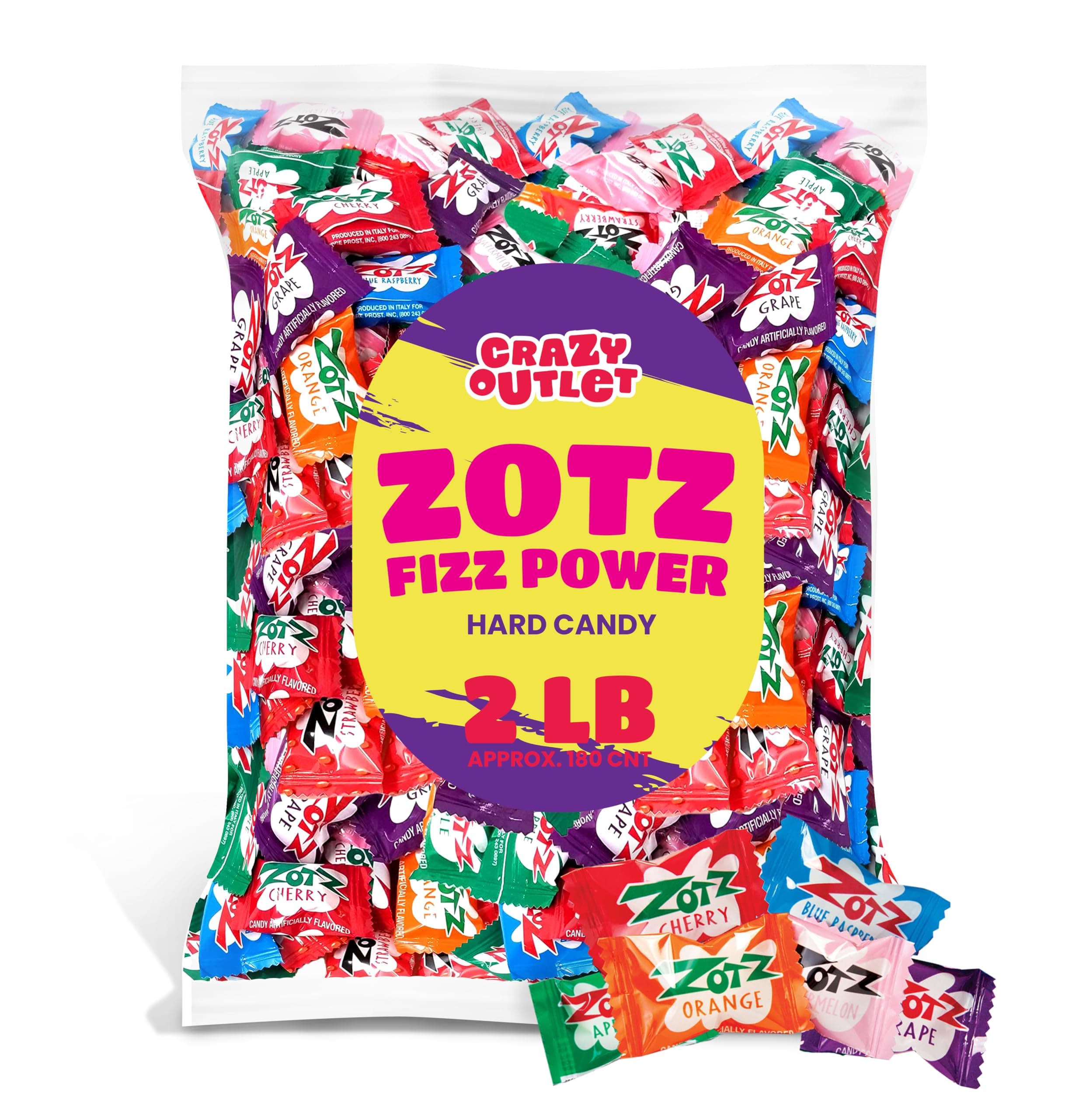 Fizz Power Candy, Assorted Fruit Flavors, Bulk Pack 2 Pounds (About 180 Count)
