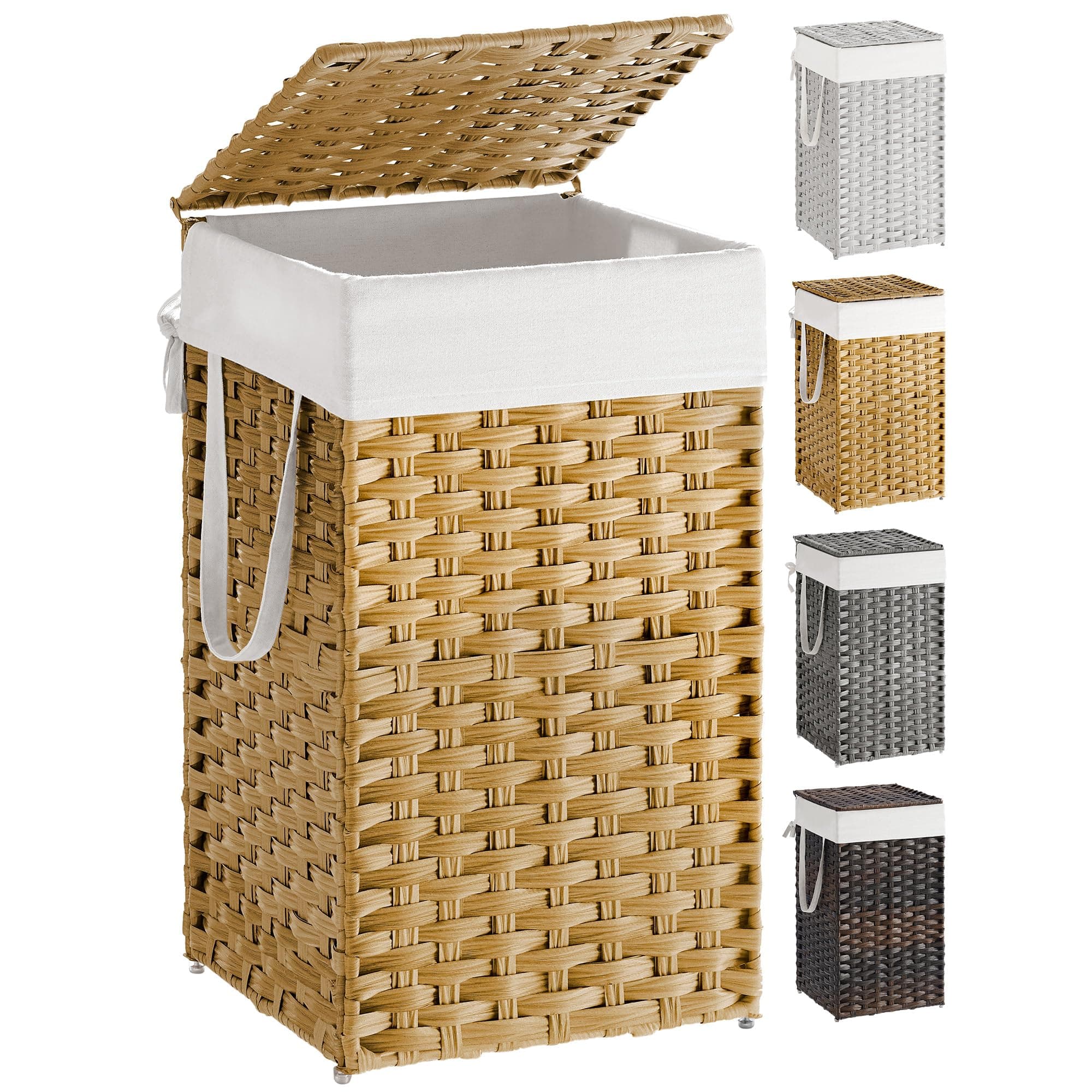 SONGMICS Laundry Hamper with Lid, Handwoven Polyrattan, Foldable, with Handles and Removable Liner Bag, Natural