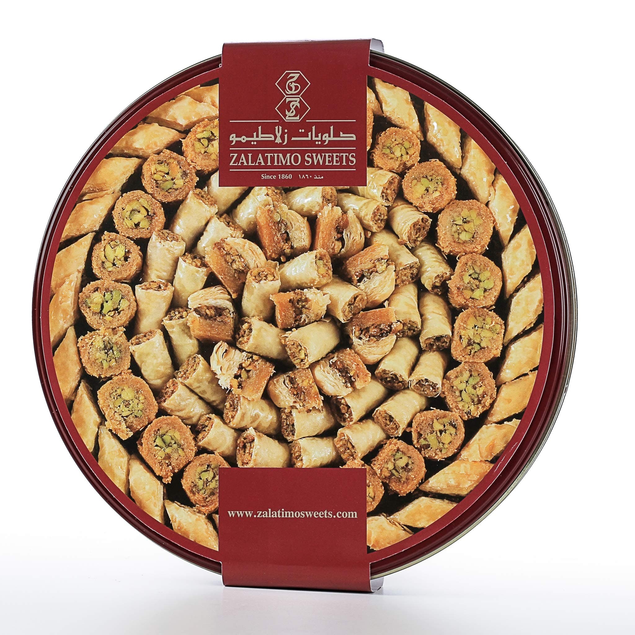 Zalatimo Sweets Since 1860 Middle Assorted Eastern Delight Baklava - Handmade with Pistachio, Walnut, Cashew - No Preservatives or Artificial Colors/Flavors - Round tin 2.2lbs - Birthdays, Weddings, Holidays