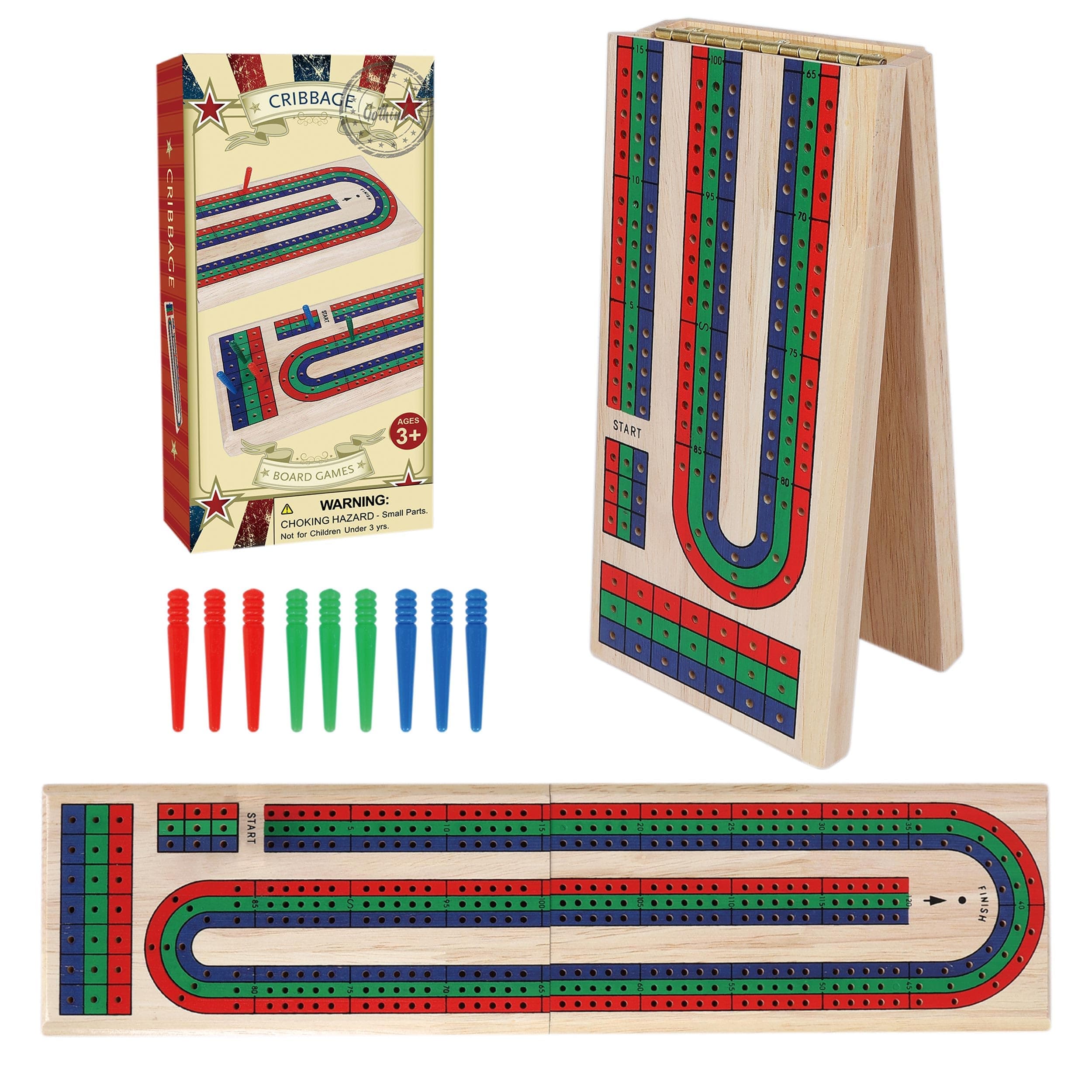 GOTHINK Folding Cribbage Board Game Set, Classic Wooden Cribbage Boards Game for Family Fun, 9 Multi-Colored Pegs, 3 Tracks, Red Green Blue Pegs for 2-3 Players