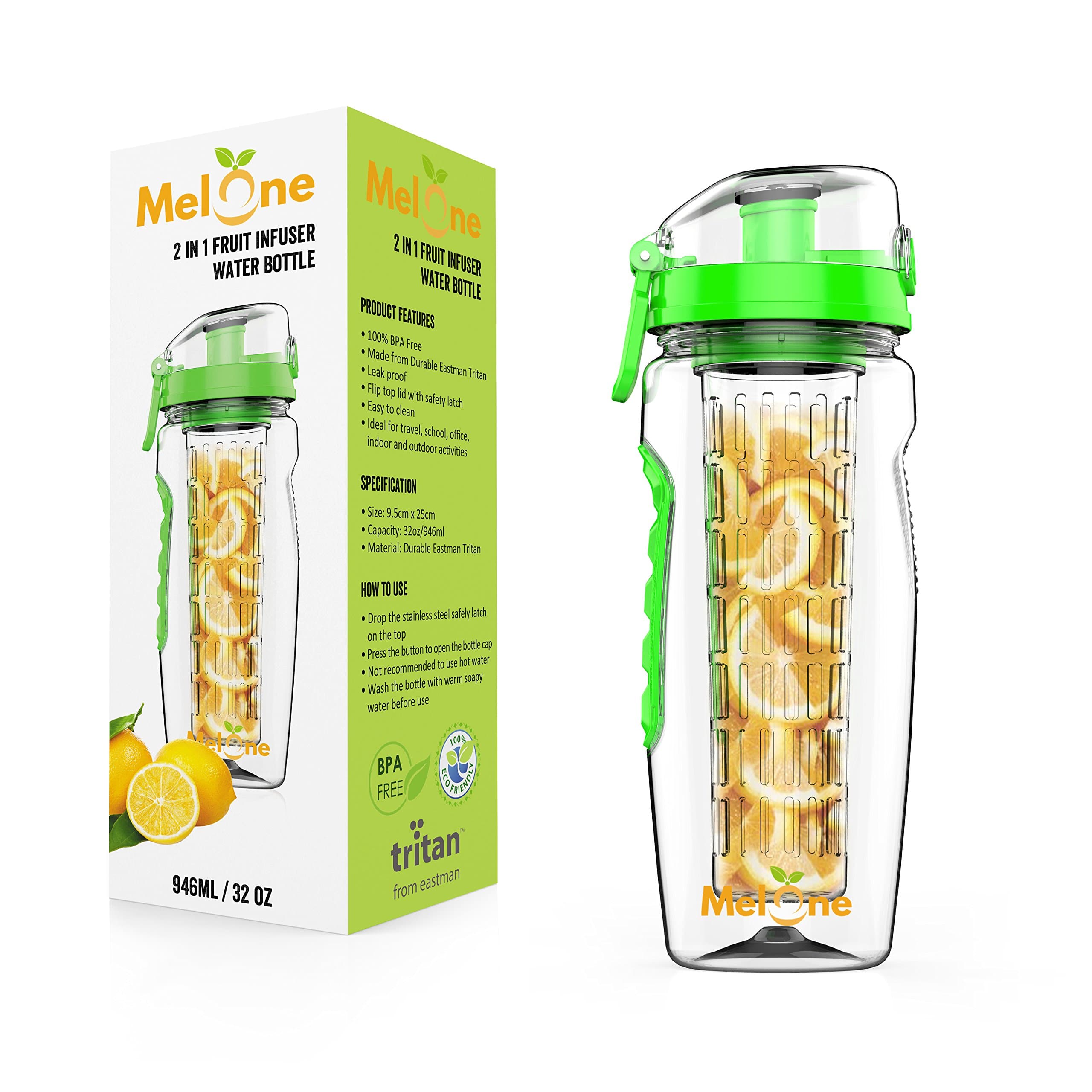 Melone Fruit infuser water bottle with free sleeve – 100% BPA free and Leak proof – enjoy delicious water everyday