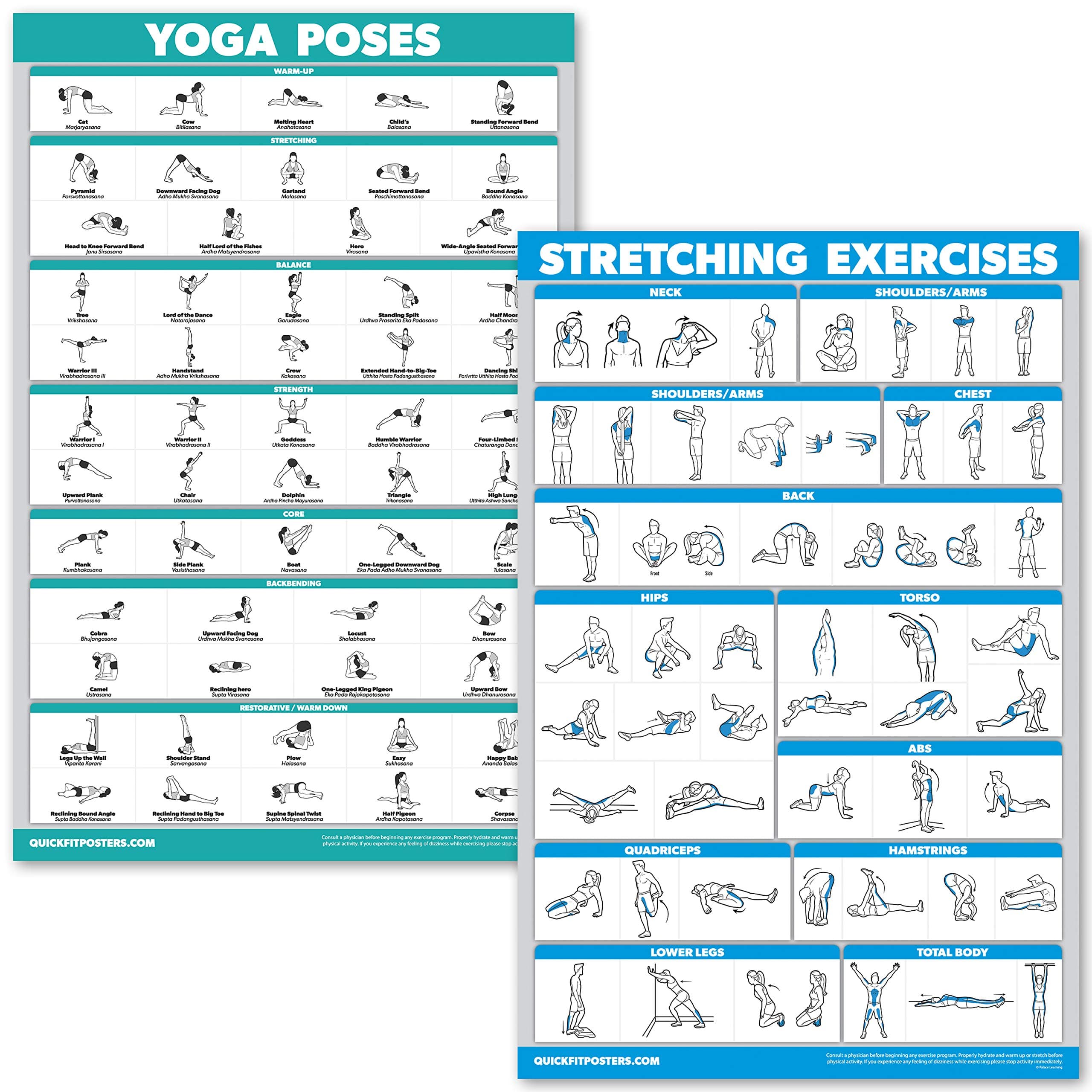 QUICKFIT Yoga Poses and Stretching Exercise Poster Set - Laminated 2 Chart Set - Yoga Positions & Stretching Workouts (18" x 24")