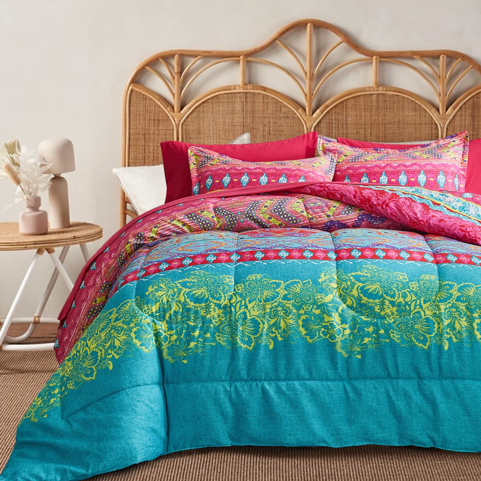 Flysheep Boho Bed in a Bag 7 Pieces Queen Size, Colorful Bohemian Tribal Style Pink n Blue Floral Reversible Comforter Set (1 Comforter, 1 Flat Sheet, 1 Fitted Sheet, 2 Pillow Shams, 2 Pillowcases)