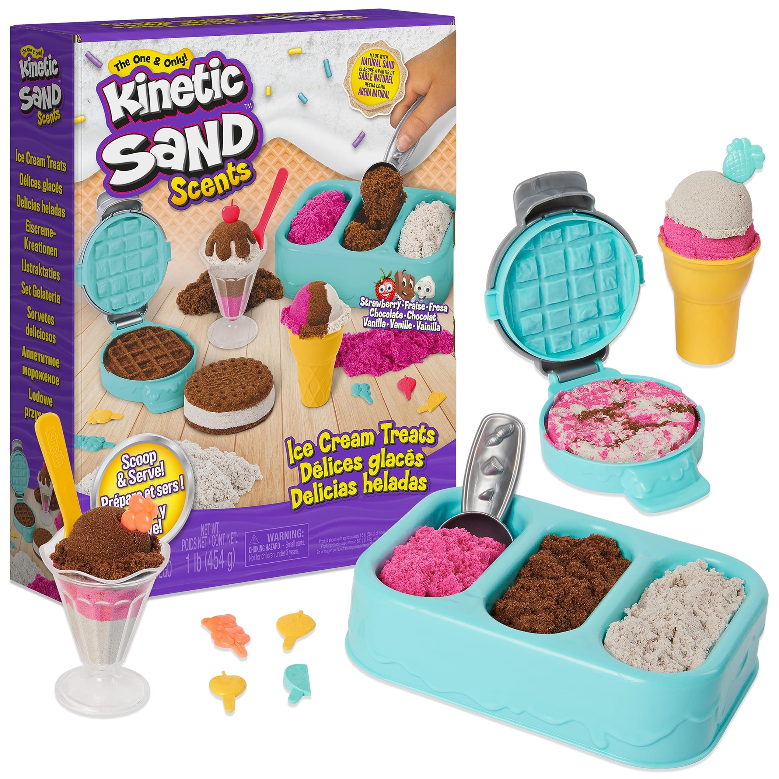 Kinetic Sand Scents, Ice Cream Treats Playset, Easter Basket Stuffers, Includes 3 Scented Colors of Moldable Play Sand & 6 Tools, Sensory Toys for Kids