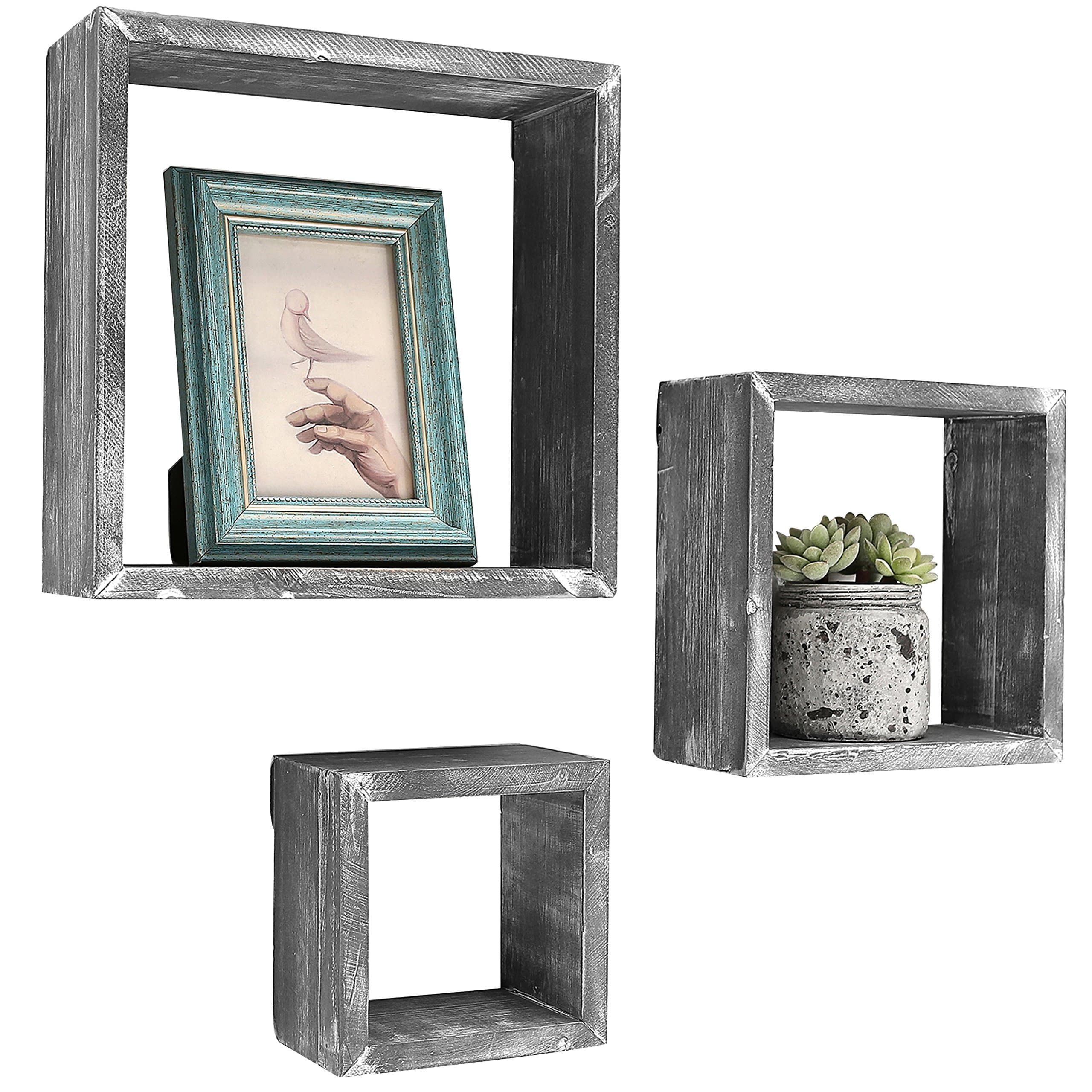 MyGift Barnwood Gray Wall Mounted Wood Square Cube Shelf/Floating Cubby Display Shelves, Set of 3