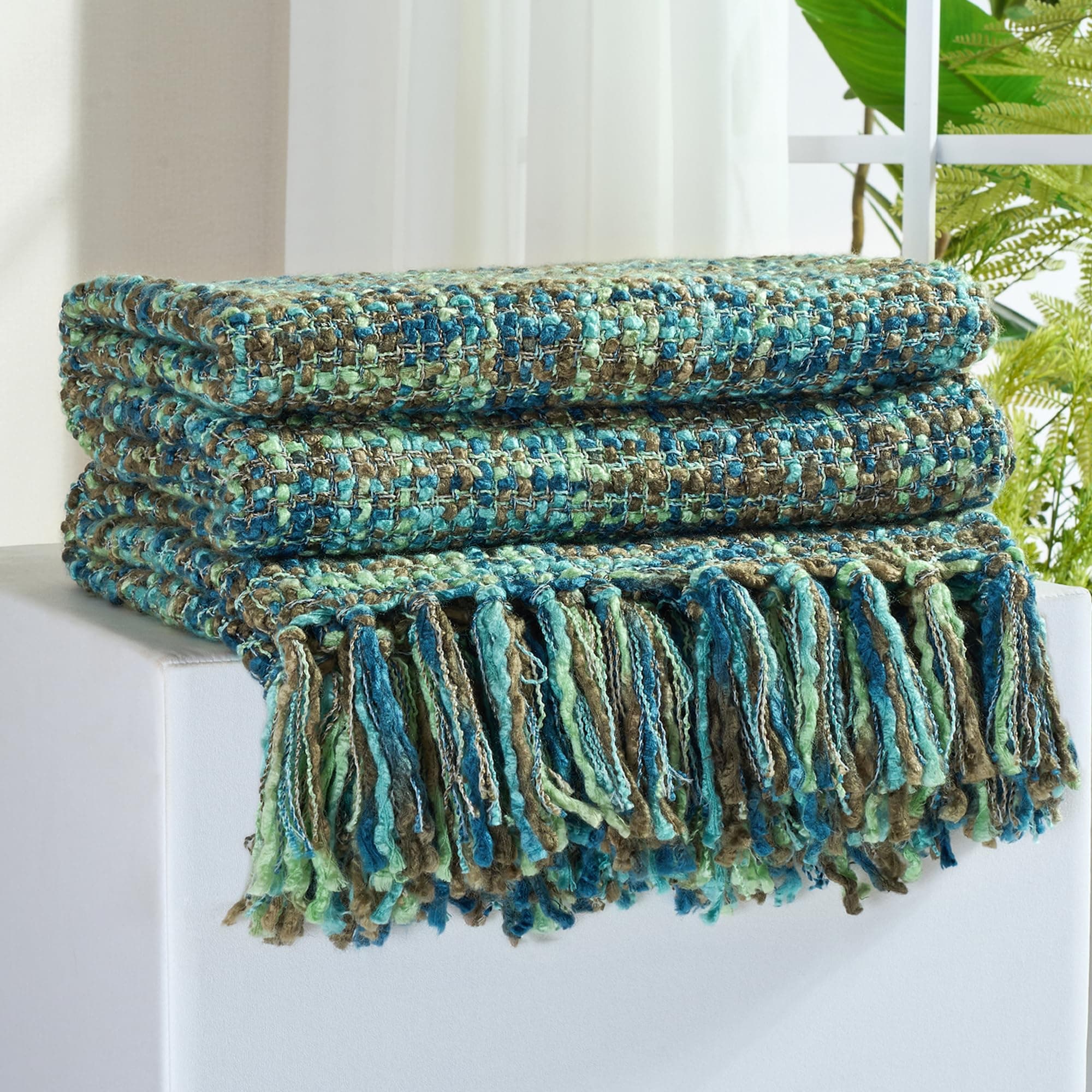 Multi-Color Green Cable Woven Throw Blanket for Couch,60"X80" Boho Style Textured Blankets for Home Decor,Super Soft Warm Cozy Chunky Blanket with Decorative Tassels for Bed and Sofa