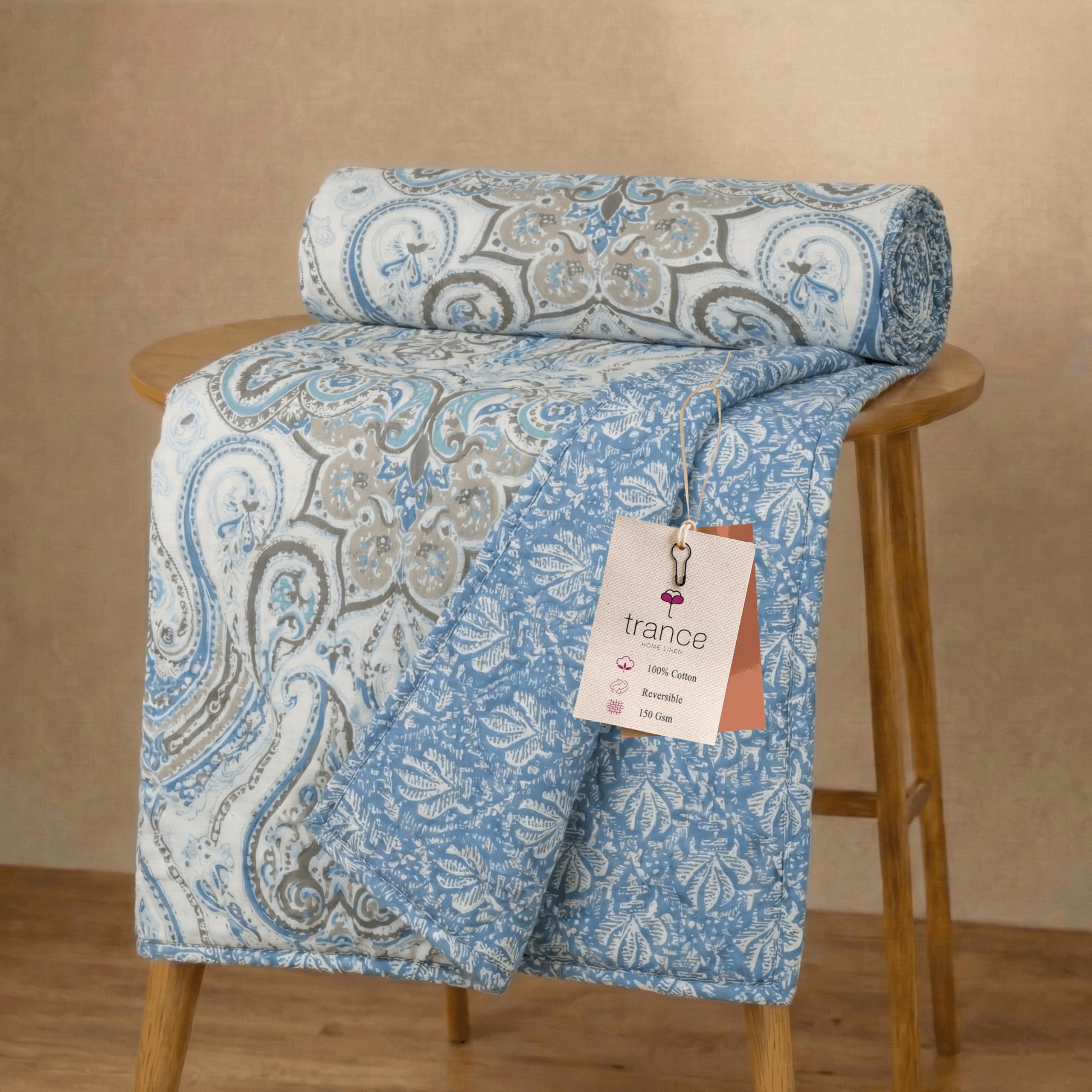 Trance Home Linen 100% Cotton Reversible Dohar Double Bed Size | Jaipuri Printed Artisan Block Design Blanket | Soft Lightweight AC Summer Comforter Quilt (84"x88", Nargis Blue)