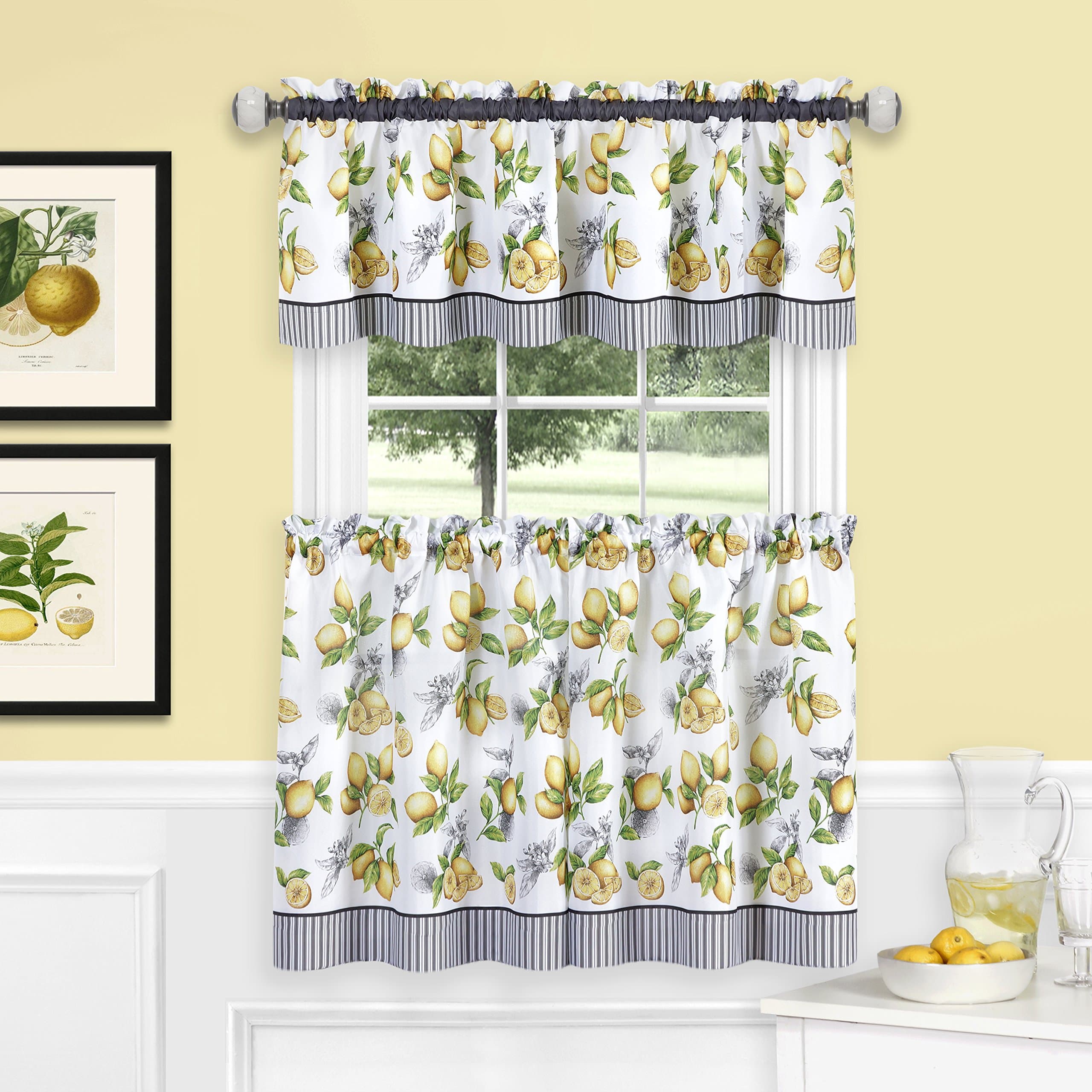 ACHIM Light Filtering Window Curtain, Printed Tier & Valance Set - 58 Inch Length, 36 Inch Width - Lemon Drop (Yellow), Machine Washable Drape for Kitchen, Bedroom, Living, & Dining Room Home Decor