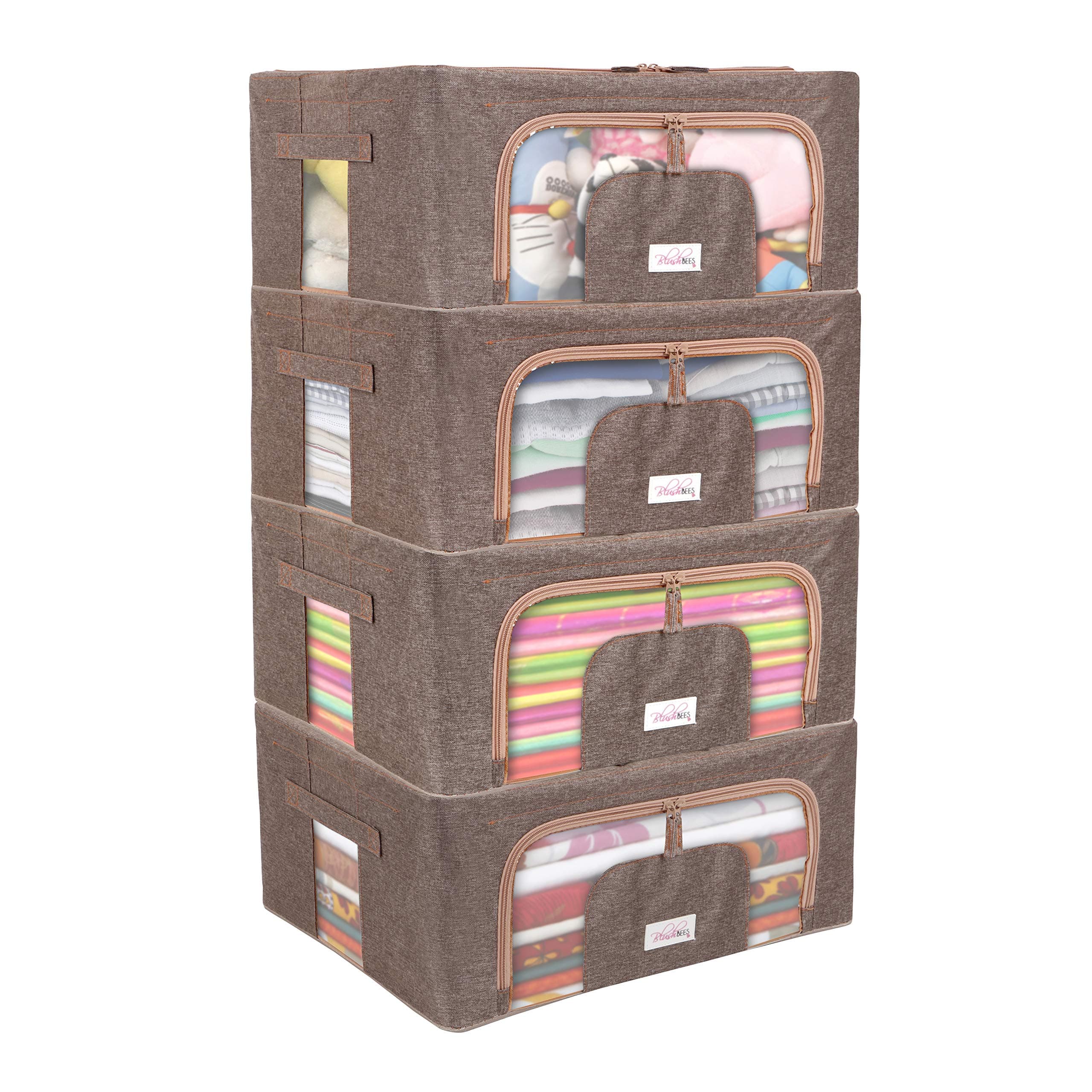 BlushBees Living Box - Foldable Storage Boxes for Clothes, Saree Cover Bags - 44 Litre, Pack of 4, English Brown,Metal