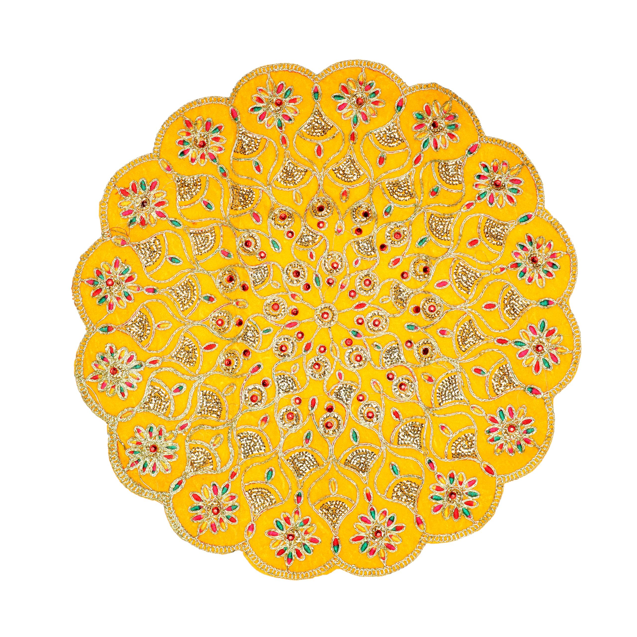 Decorative Mat Aasan Round Velvet Pooja Cloth with Sequence Work for Indian Traditional Cultural Multipurpose Navratri Pooja Festival Decorations Item Article Home Decor(Size:- 17 Inches)(Yellow)
