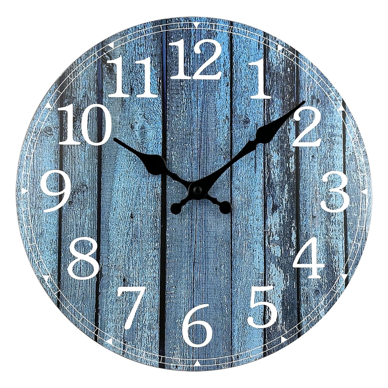 Plumeet Wall Clock, 12'' Frameless Wooden Wall Clocks with Silent Quartz Movement, Rustic Coastal Country Village Clocks Decorative for Kitchen Bedroom Living Room, Blue