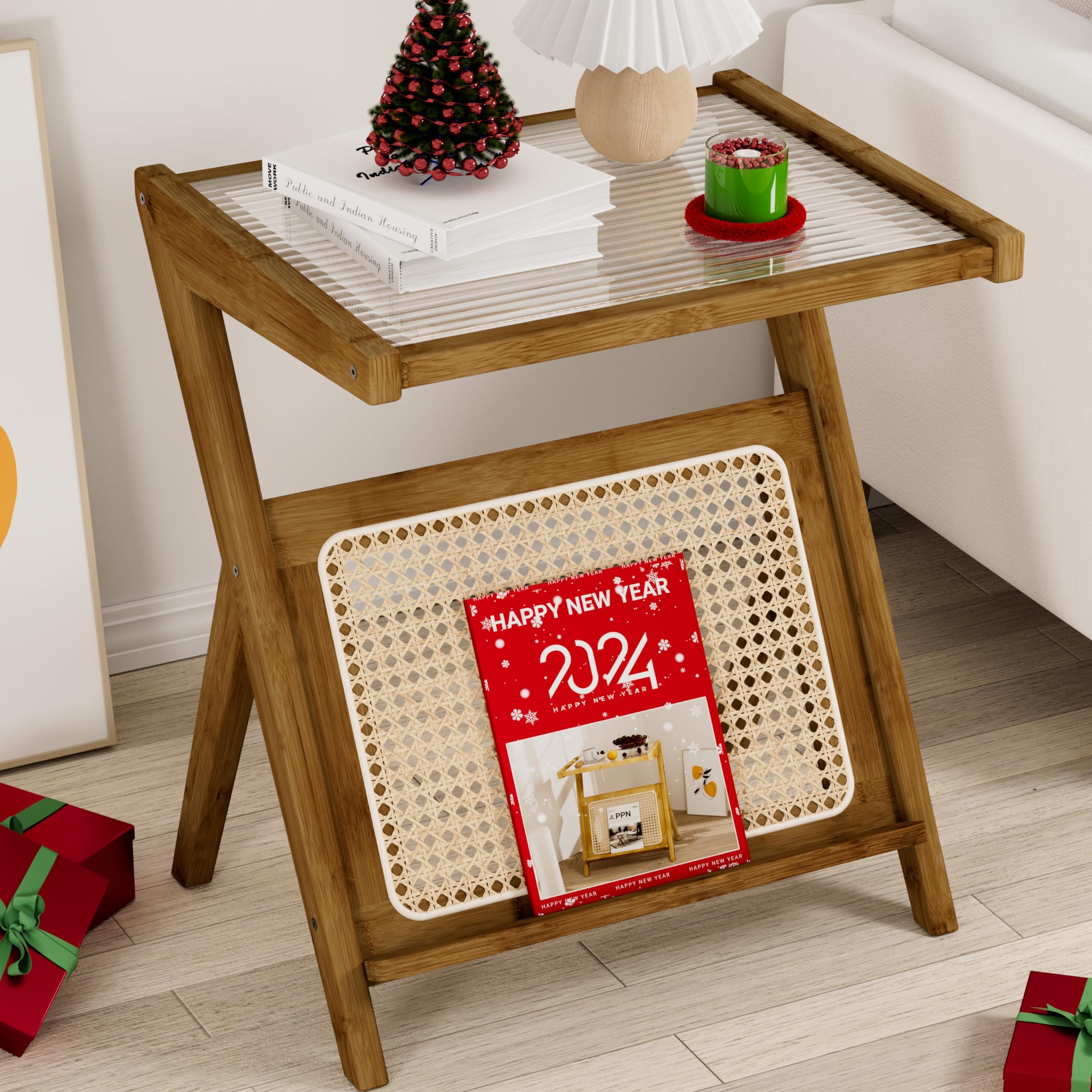 PPN Rattan Side Table Boho NightStand Mid Century Modern End Table Glass Bedside Table Small Bamboo Coffee Table with Storage for Living Room Bedroom Brown