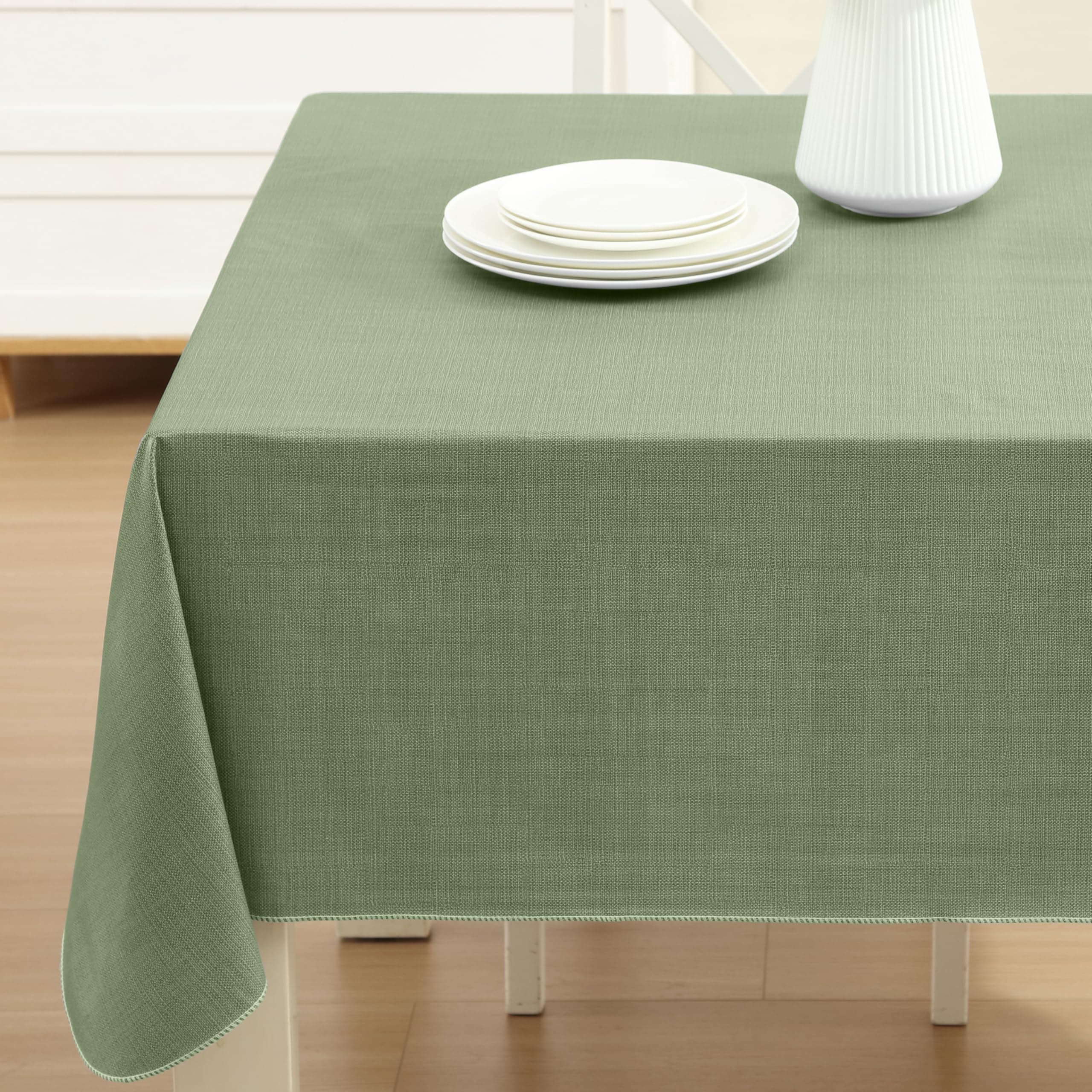 Lintex Cafe Hotel Linen Look Vinyl Flannel Backed Tablecloth, Heavyweight 4 Gauge, 60 x 104 Inch Rectangle, Sage Green Indoor Outdoor Waterproof Wipe Clean Table Cover