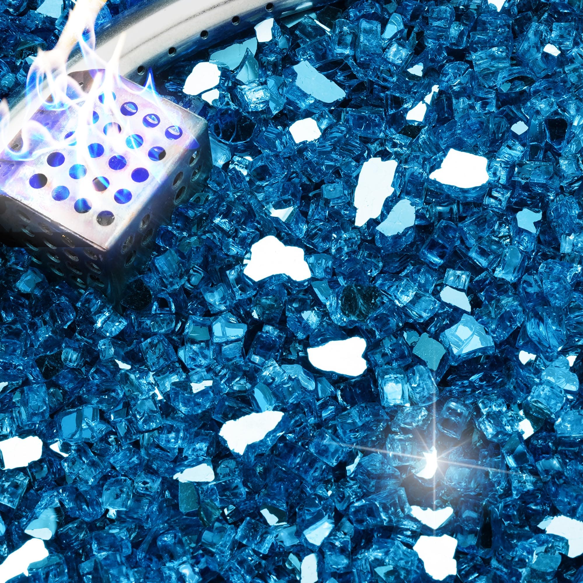 NUPICK 10 Pound Fire Glass, 1/4 Inch Reflective Fire Pit Glass, Tempered Firepit Glass Rock for Propane or Natural Gas, Glass Rocks for Fire Pit Table or Fireplace, Pacific Blue Reflective