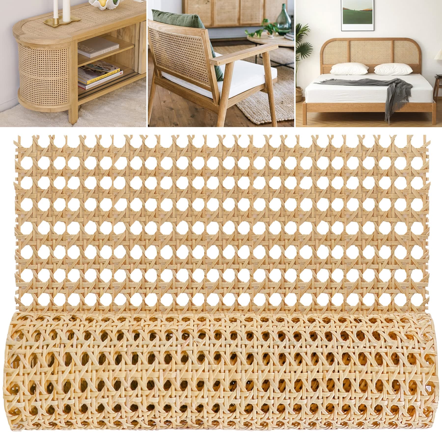 MYFAMIREA 18" Width Rattan Pressed Cane Webbing Sheet for Caning Projects, 3.3FT Natural Rattan Material Roll Net Woven Open Mesh Cane, Suitable for Caning Material DIY Supplies