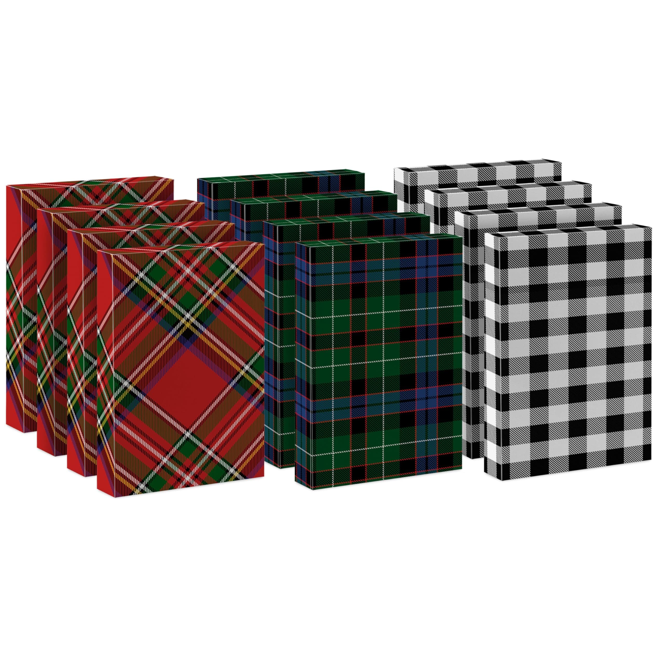 Medium Christmas Gift Boxes with Lids (12 Shirt Boxes, 3 Designs: Blue, Green, Red Plaid, Black Buffalo Check) for Christmas, Hanukkah, Birthdays, Father's Day