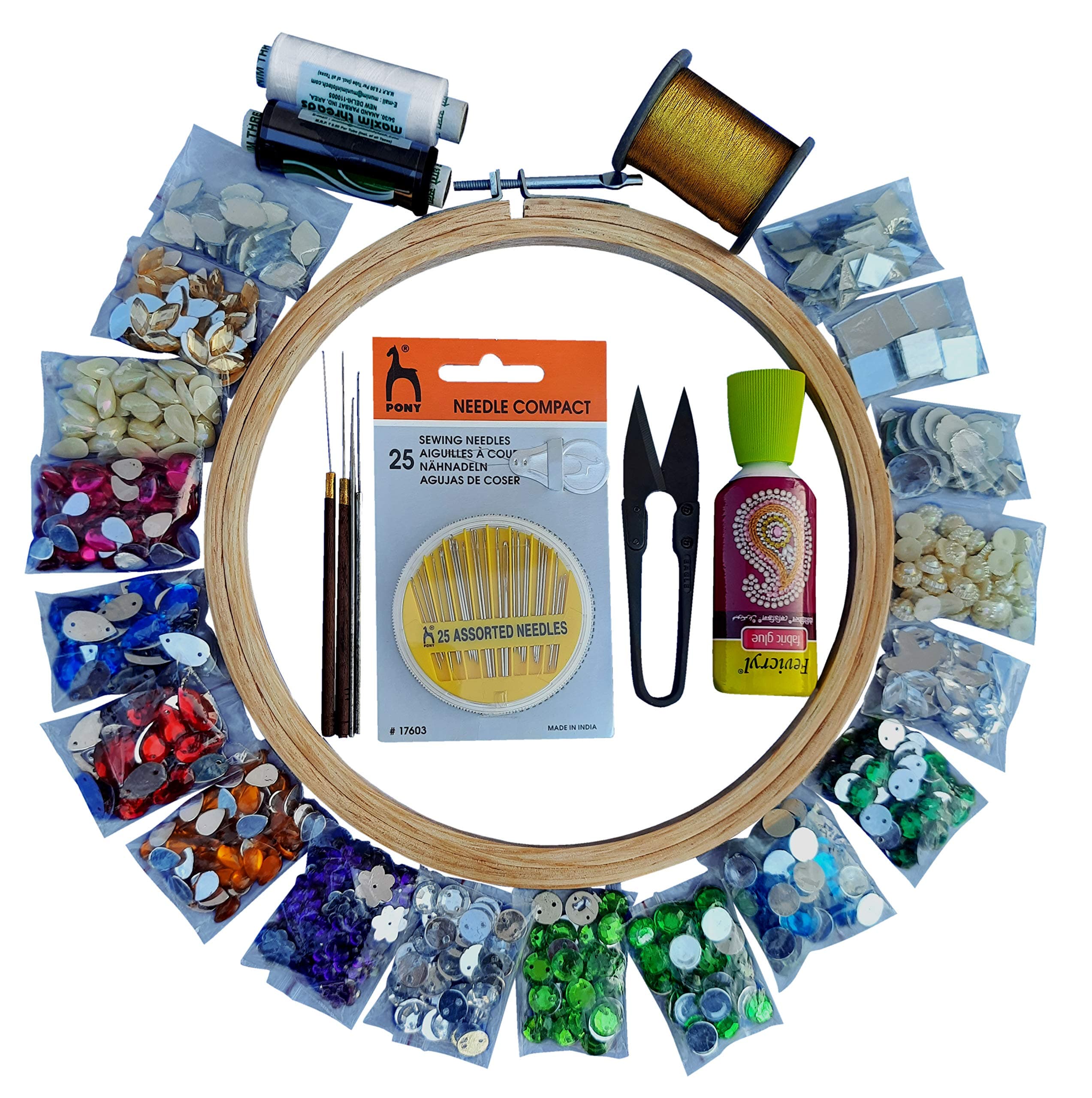 Qroof Aari Work, Maggam Work Materials Combo Kit for Blouse, Fabric Decoration for Beginner A Complete Pack of Kundan, Multicolor