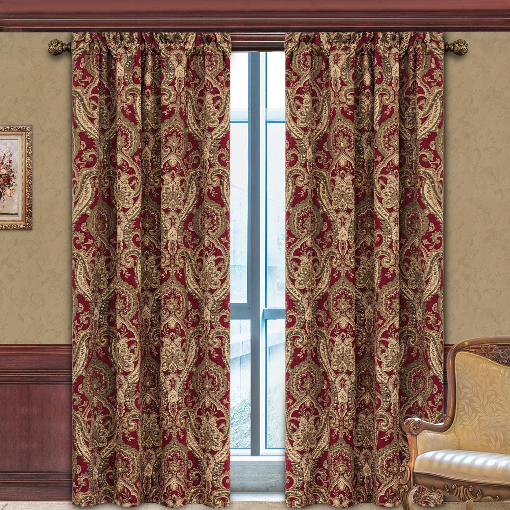Loom and Mill Luxury Damask Curtains for Bedroom, Lined Chenille Jacquard Blackout Curtains 2 Panels with Tiebacks, Window Curtain for Living Room Banquet Decor, Rod Pocket(52”Wx 84”L, 2 Panels)