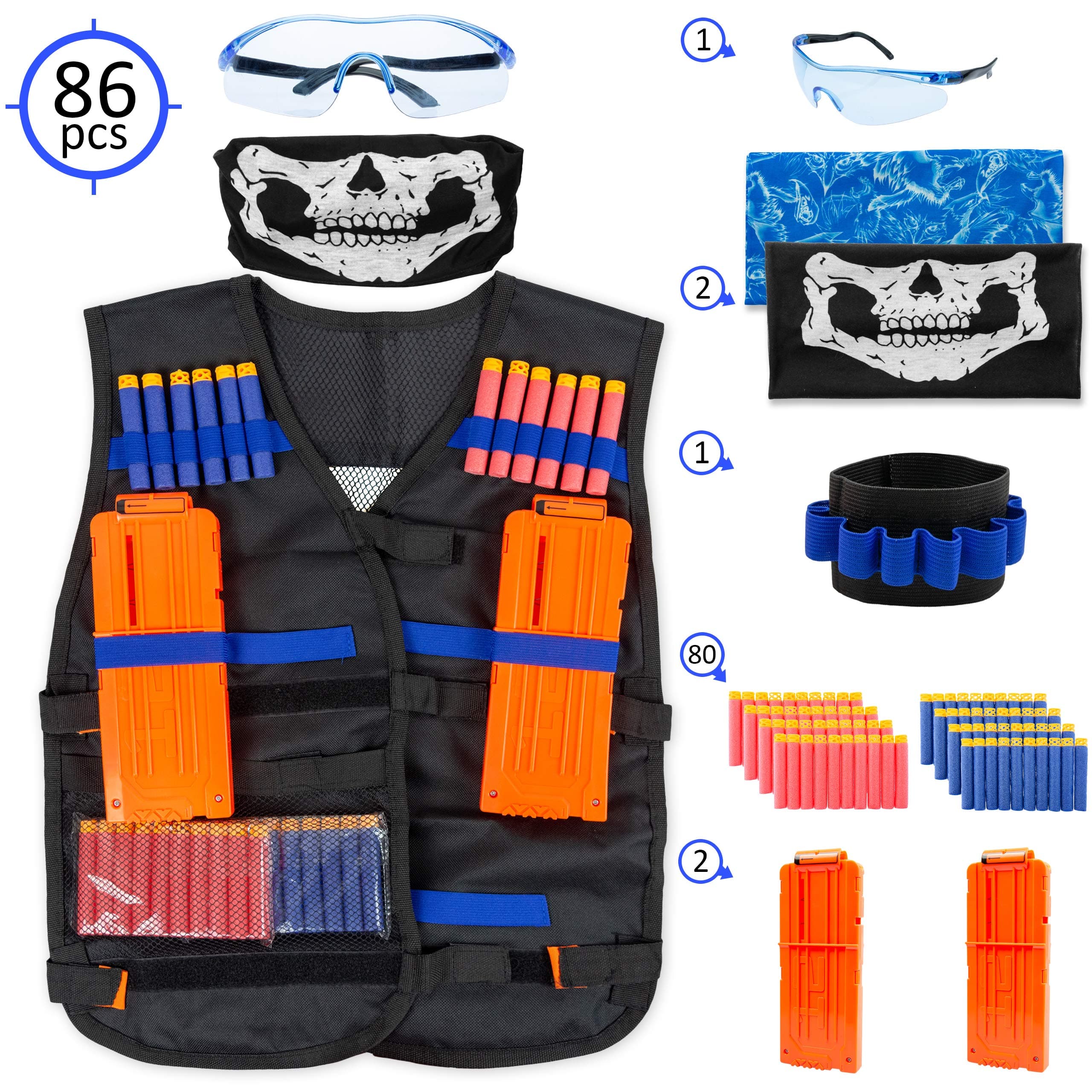 Nerf Compatible -Tactical Vest For Kids - For Use With Nerf Guns N-Strike Blasters And Elite Series - 2 Quick Reload Clips, Hand Wrist Band, Protective Glasses, Tube Face Mask, 80 Refill Foam Darts