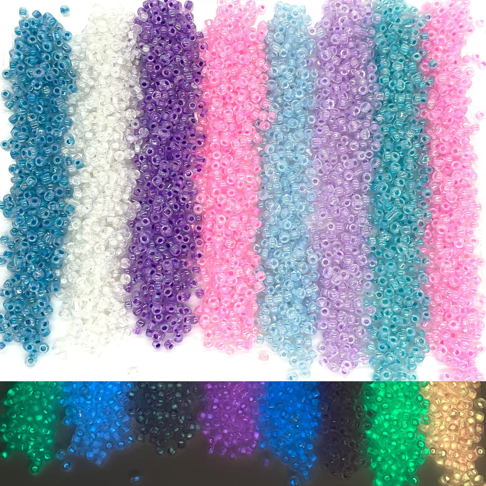 Artsy Crafts 3mm Assorted Glass Seed Beads 6000pcs, 8/0 Mermaid Colors Glow in The Dark Beads Spacer Beads for Jewelry Making Bracelets Necklace Anklet Rosary Earring Craft Supplies (3mm 8 Colors)