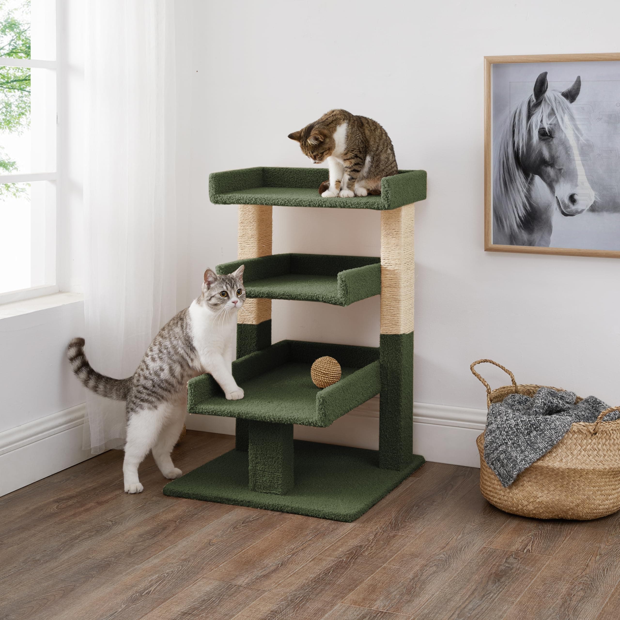 Naomi HomeNala Triple Cat Tree, Multi-Level Kitten Tower Play House Activity Center, Kitty Pet Tree House Furniture for Indoor Cats – Green