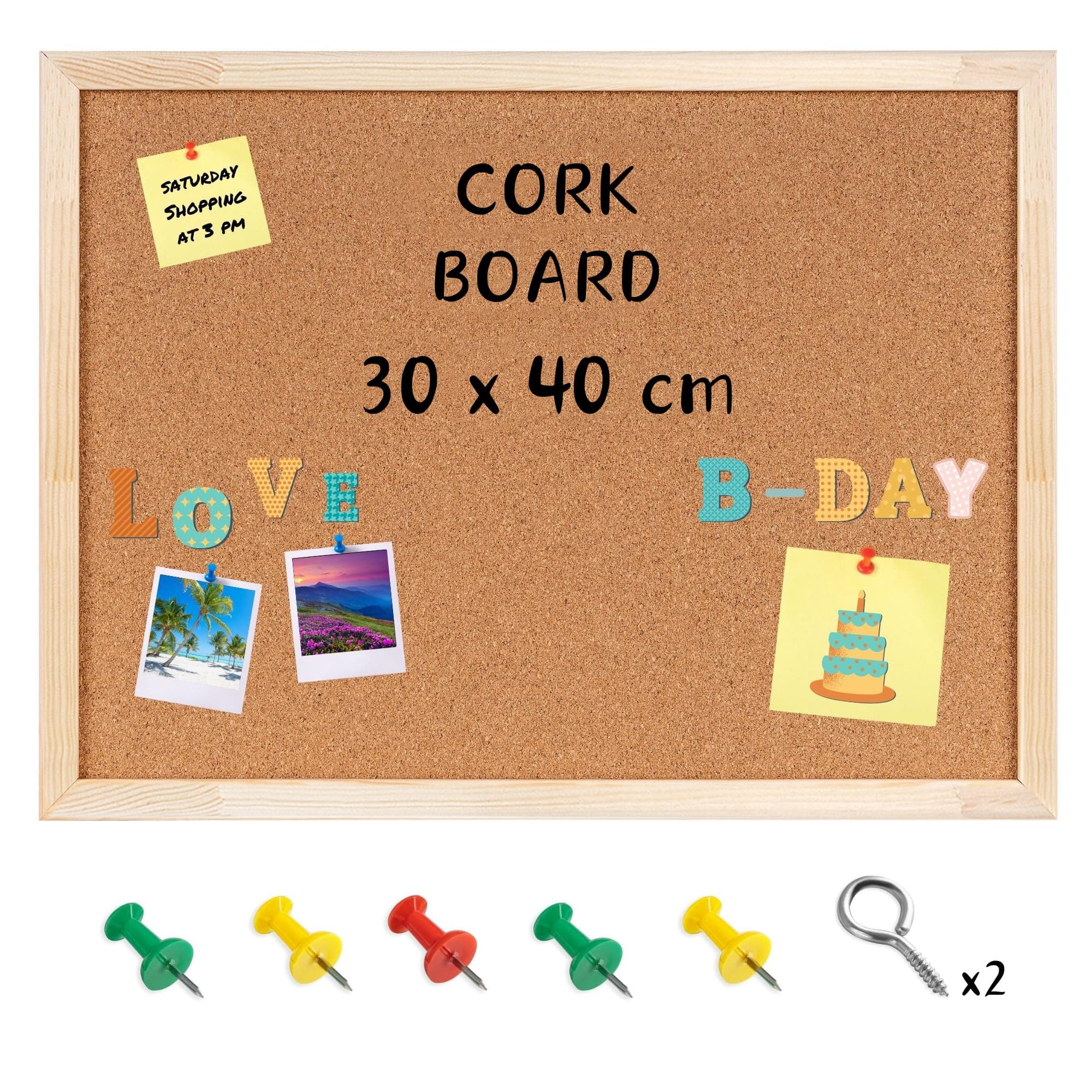Creative Home 30 x 40 cm (+- 2cm) Cork Board | Wooden Pine Frame | 5 Push Pins Included | Small Pin Board Notice Board Perfect Display Corkboard for Office, Home, Kitchen, Bedroom, School, Café