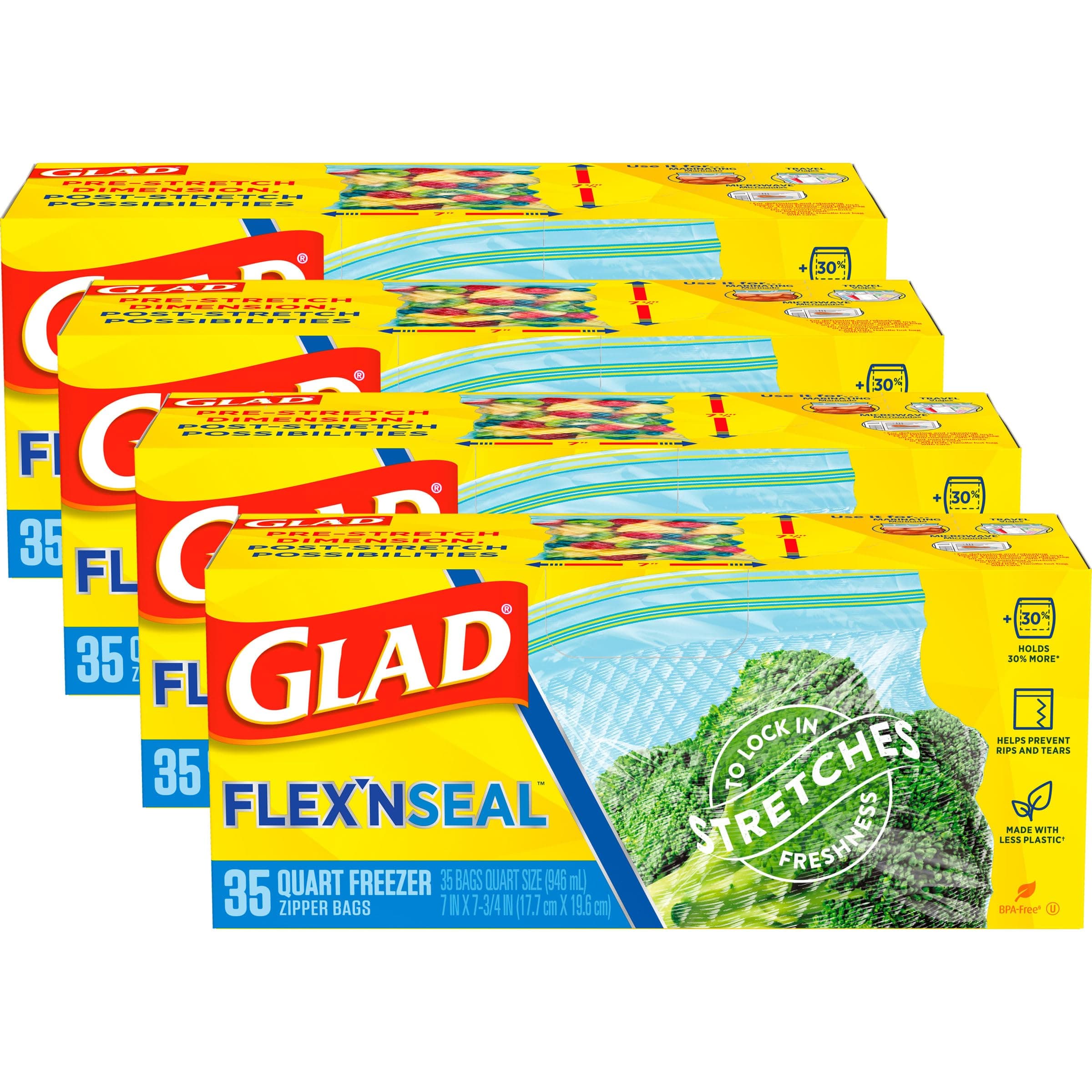 GladFlex'N Seal Freezer Storage Plastic Bags, Quart, 35 Count, Pack of 4 (Package May Vary)