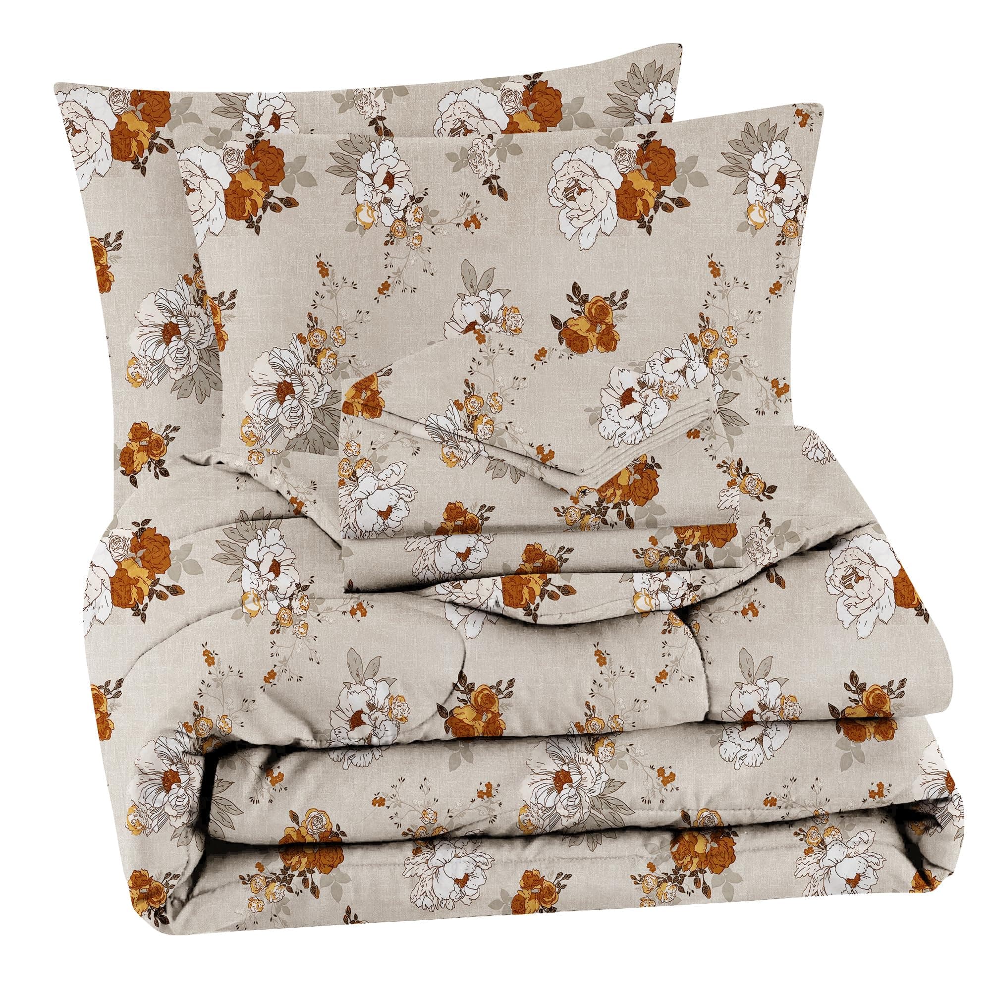 BSB Home Microfiber 220 GSM Glace Cotton AC Comforter Set King Size Double Bed with 1 Flat bedsheet-90x100 inch and Two Pillow Covers II 4 pc Bedding Set- Off White and Brown