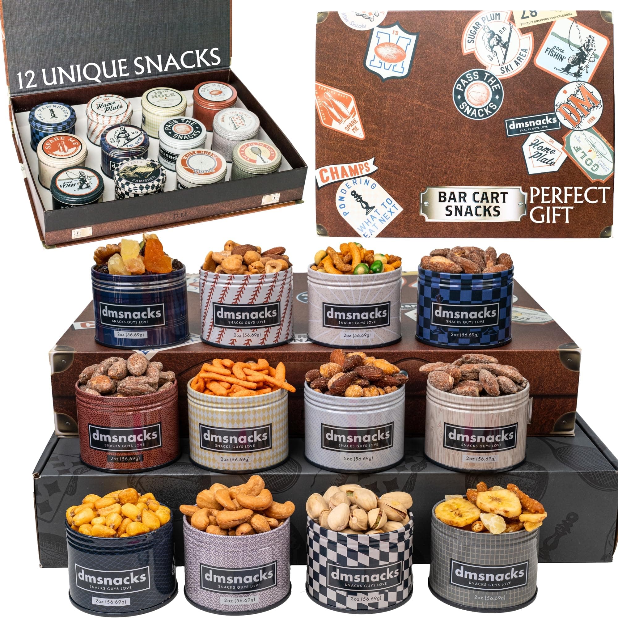 Snack Box Gift Basket for Men, Birthday Gift for Men, Women, Food Care Package, Unique Tins of Assorted Nuts, Snacks in Stunning Case - Fathers day gift - Treat for Men, Women, Dad, Friends, Family