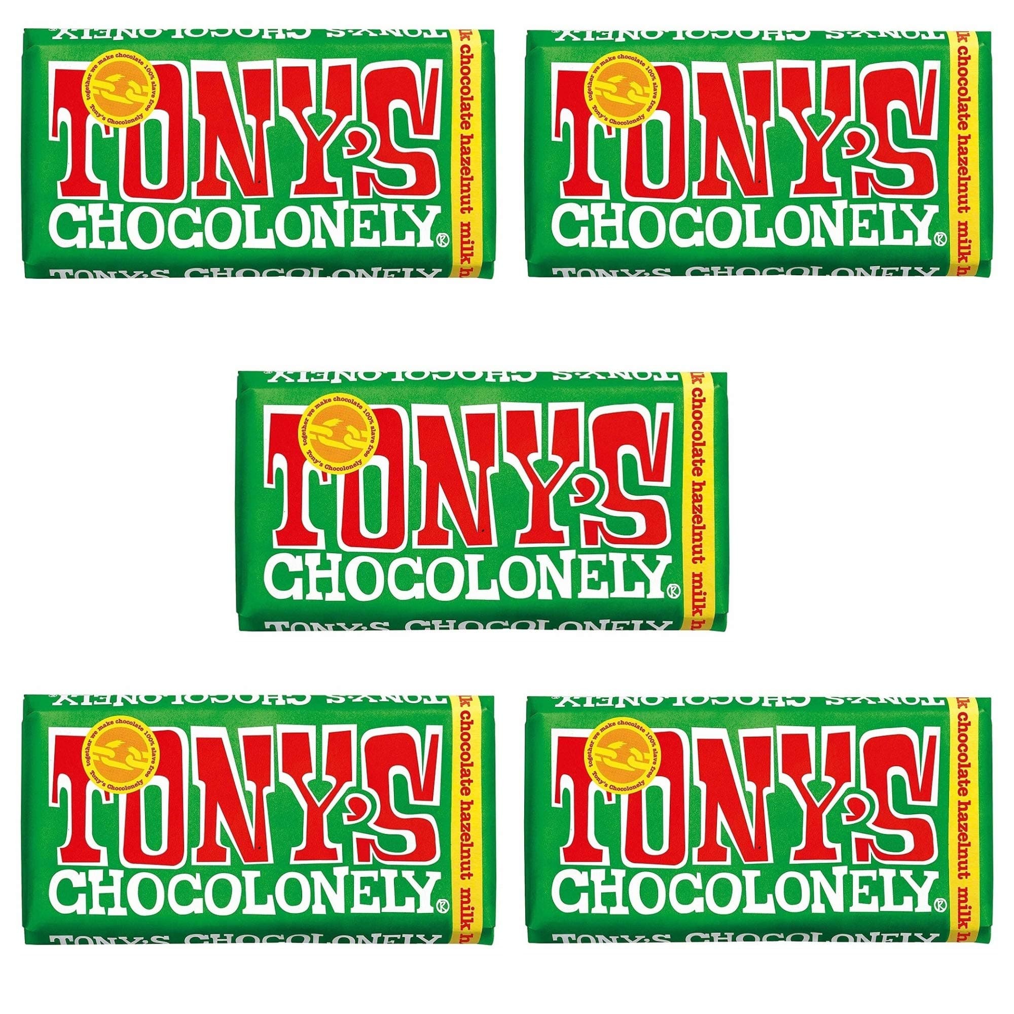 Tony's Chocolonely Chocolate 180g - 5 Pack, Milk Chocolate Hazelnut