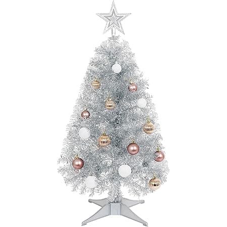 Sunshine Silver Christmas Tree with Light 3ft Artifical Full Christmas Tree with Ball & Star Ornaments 8 Lighting Modes for Holiday Decor