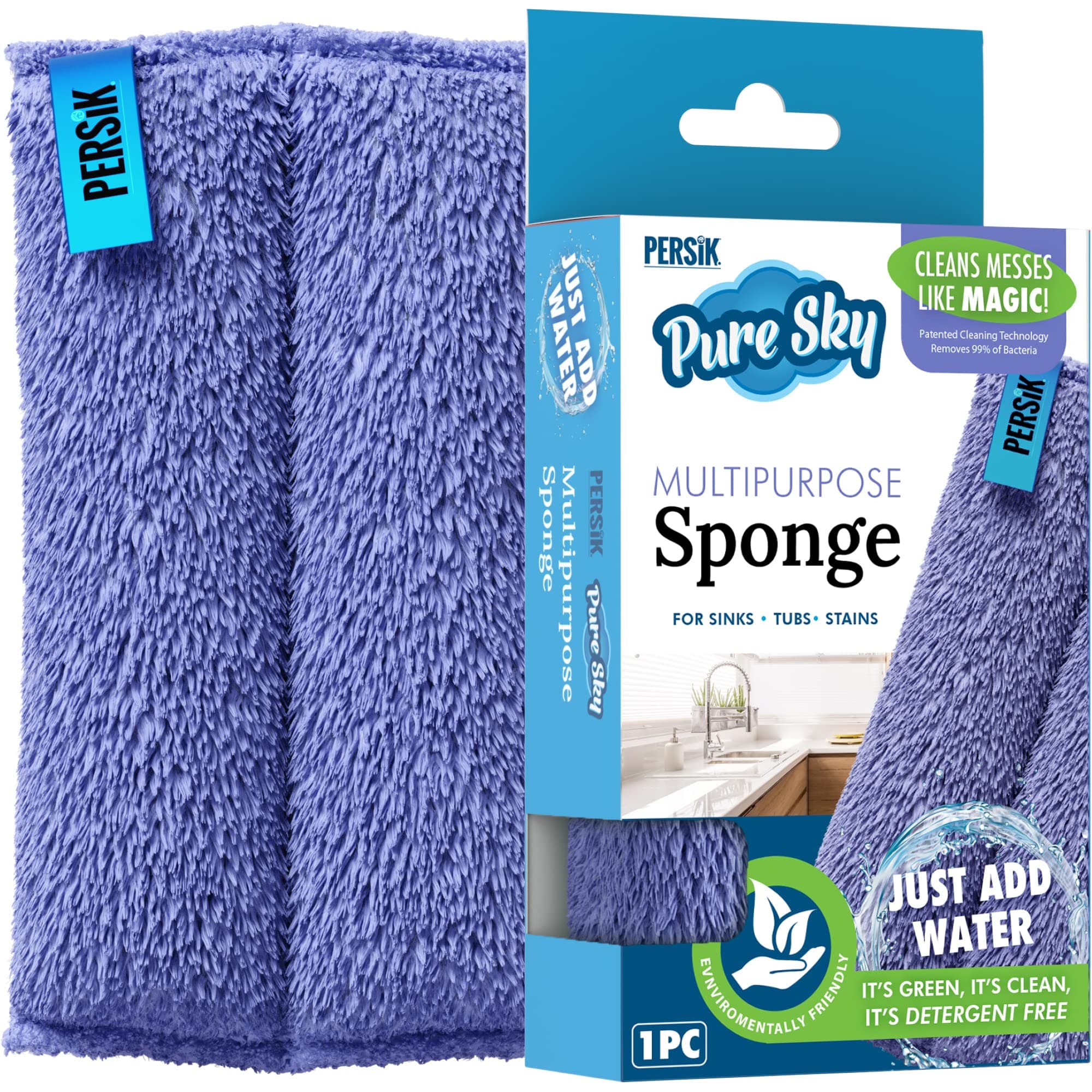 Pure-Sky Ultra-Microfiber Cleaning Sponge – Kitchen, Household and Dish Sponges – JUST ADD Water No Detergents Needed – Heavy Duty for Removing Stains in The Cracks, Tubs, Sinks