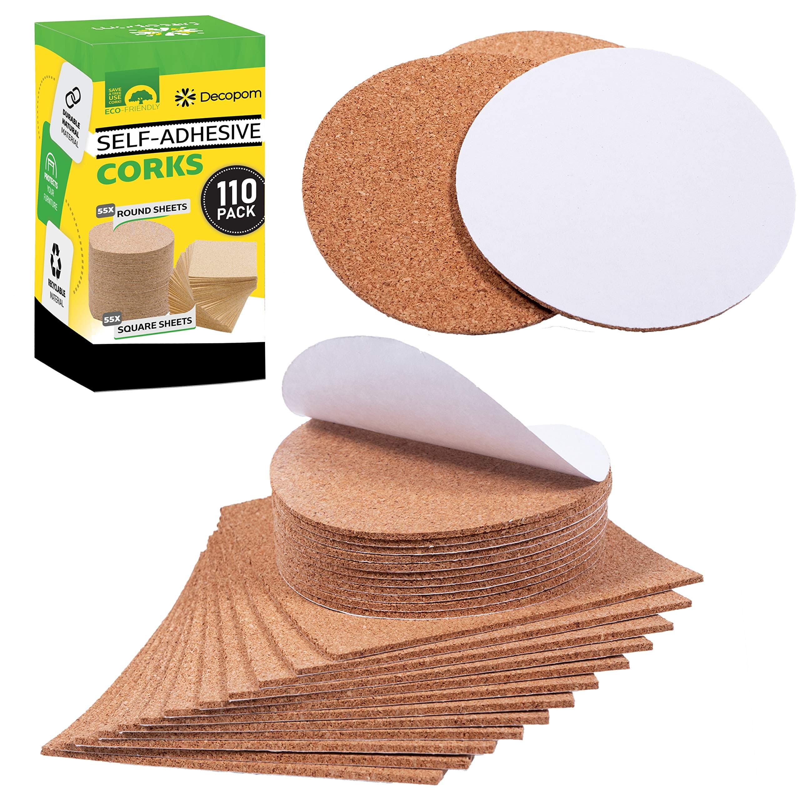 Self Adhesive Cork Squares and Round - Premium 110 Pack Mini Corks 4" x 4" Board Sheets Tiles with 1/8" Thickness - Natural Corkboard Mats for Backing Also Used as Coasters DIY Drawing Craft Wall