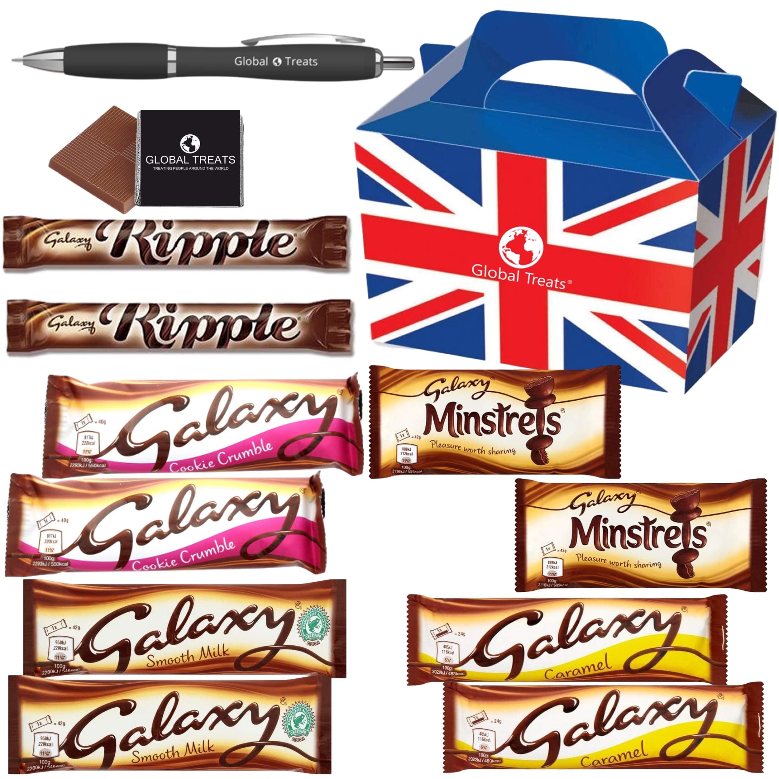 Galaxy Selection Box - 10 Full Size Chocolate - Galaxy Caramel x2, Galaxy Cookie Crumble Bar x2, Galaxy Minstrels x2, Galaxy Ripple x2 & Galaxy Chocolate Bar x2.
