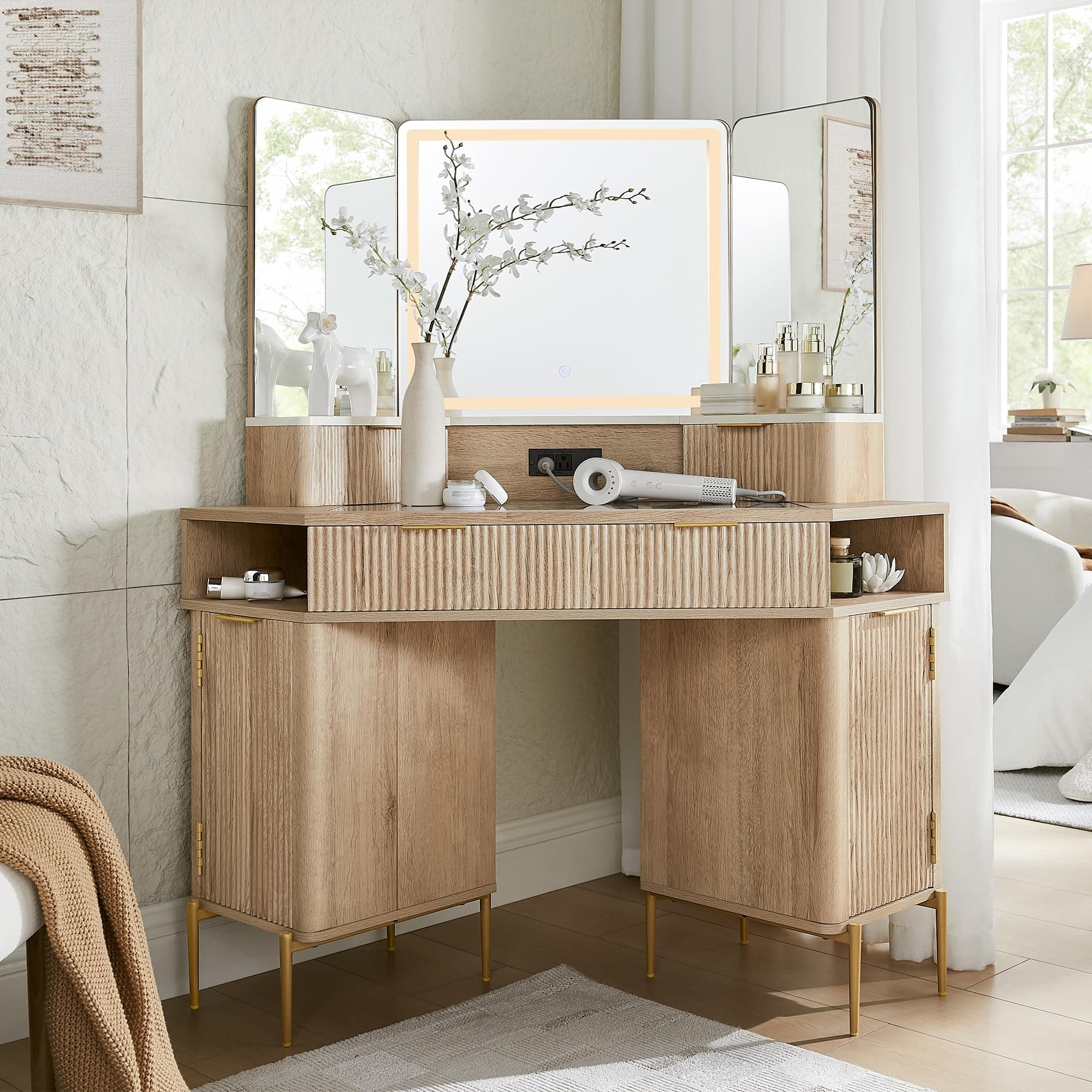 T4TREAM 48" Fluted Makeup Vanity Desk with HD Triple Mirror and Lights, Large Lighted Corner Vanity with Glass Top, Modern Dressing Table with 3 Drawers & 2 Cabinets for Bedroom, Natural Oak