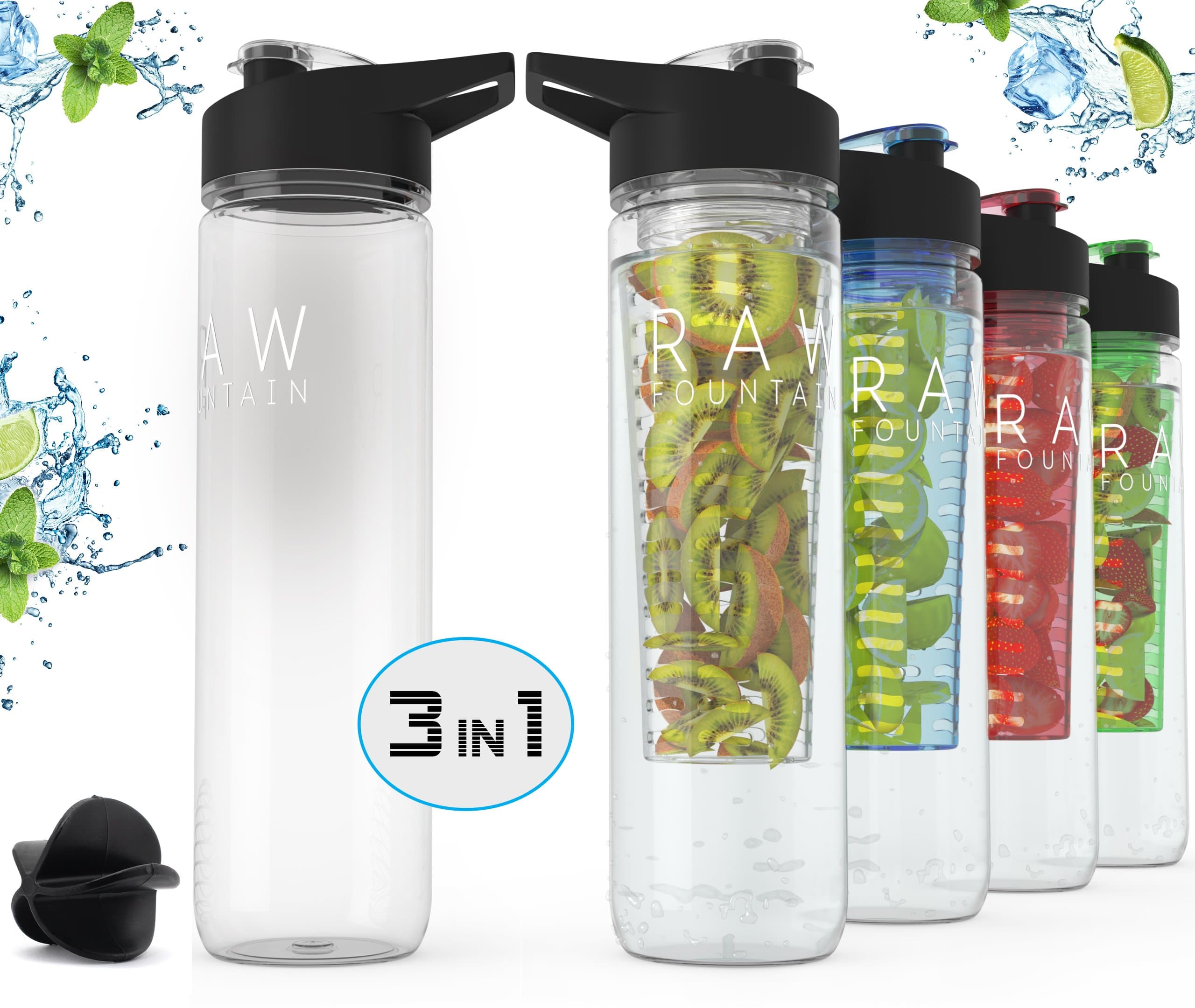 Fruit Infuser Bottle | Fruit Infused Water Bottle + Protein Shaker Bottle + 32oz Sport Bottle | Tritan BPA Free | 3 in 1 Interchangeability | Includes Infusion Rod & Shaker Ball (Clear)