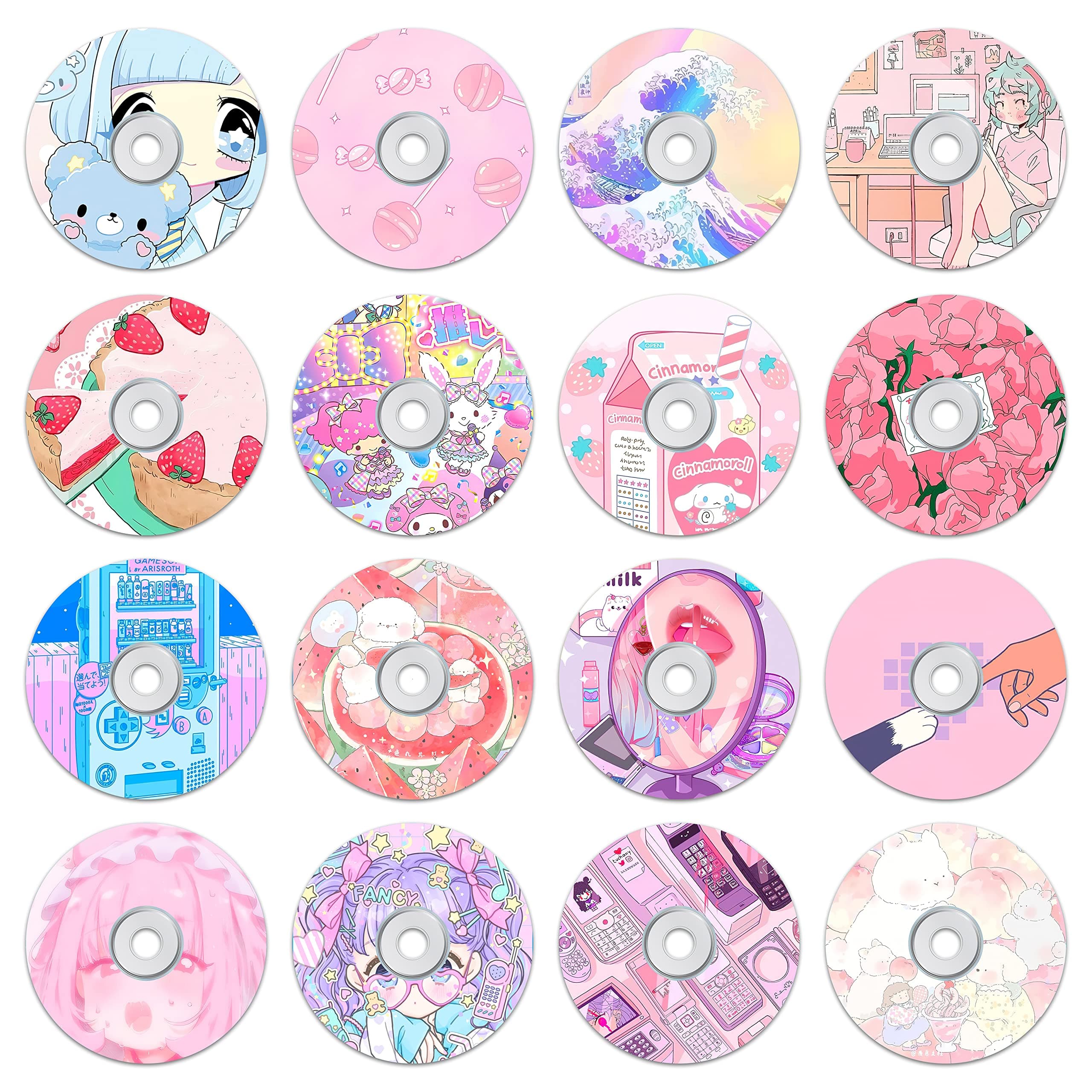 HK Studio Kawaii Records for Wall Aesthetic 5.1" Pack 16 - PVC, CD Size Kawaii Record Wall Decor for Dorm, Bedroom