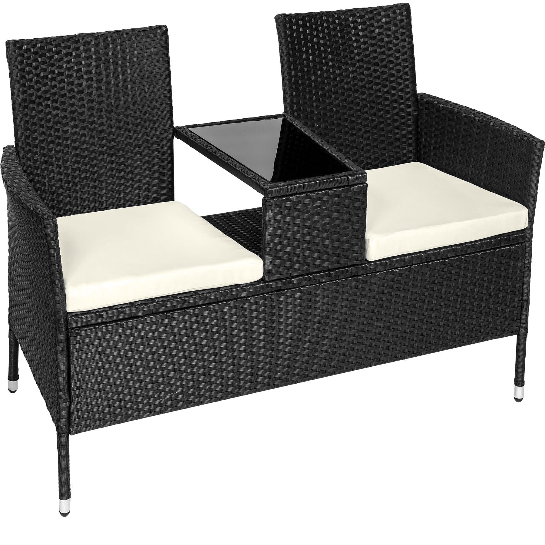 TecTake Poly rattan bench with glass table 2 seats with cushions (Black | No. 401547)