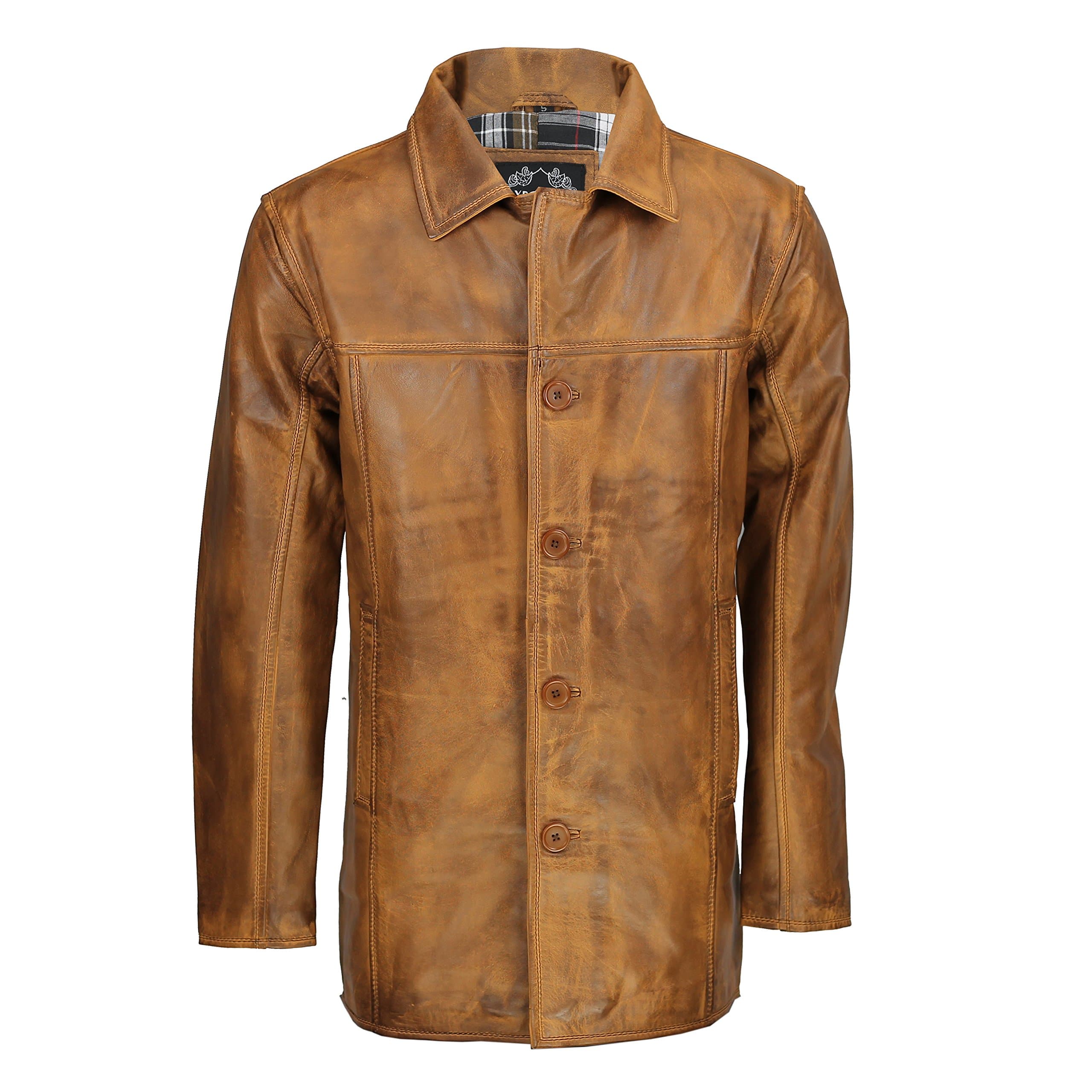 Xposed Mens Real Genuine Leather Tan Brown Vintage 4 Button Classic Reefer Jacket Coat