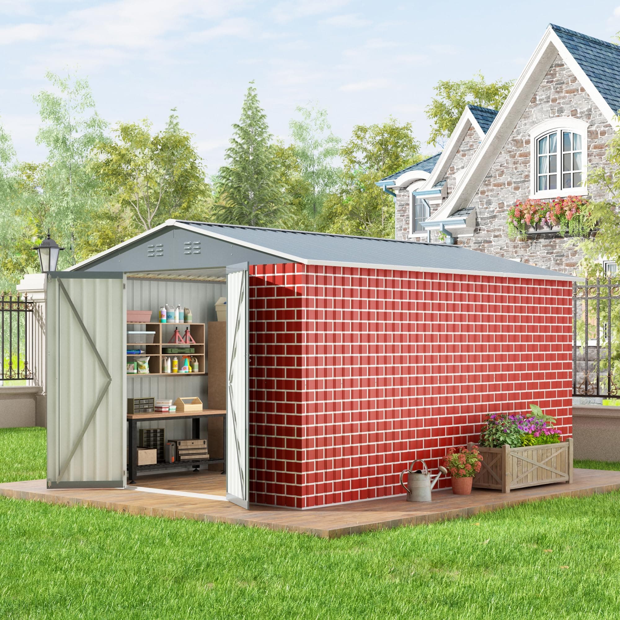 8X 12 FT Large Sheds Metal Building Tool Utility Shed Outdoor Waterproof Shed for Bike Storage for Garden, Backyard, Patio, Outside Use, Red
