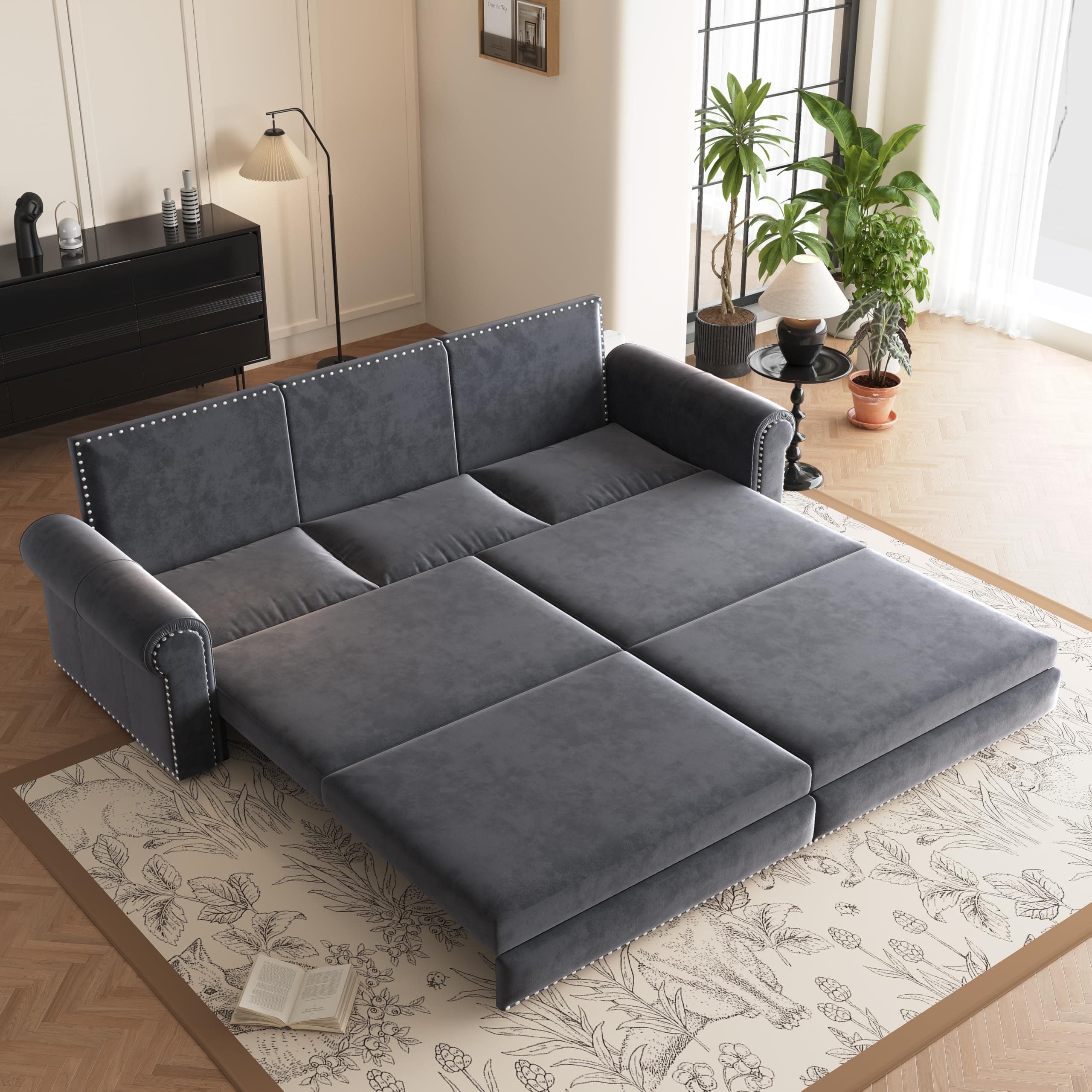 93.7" Chesterfield 3 Seater Pull Out Sofa Bed King Size with Pillows, Velvet 3-in-1 Convertible Sleeper Couch with Nails Trim, Space Saving for Living Room, Gray