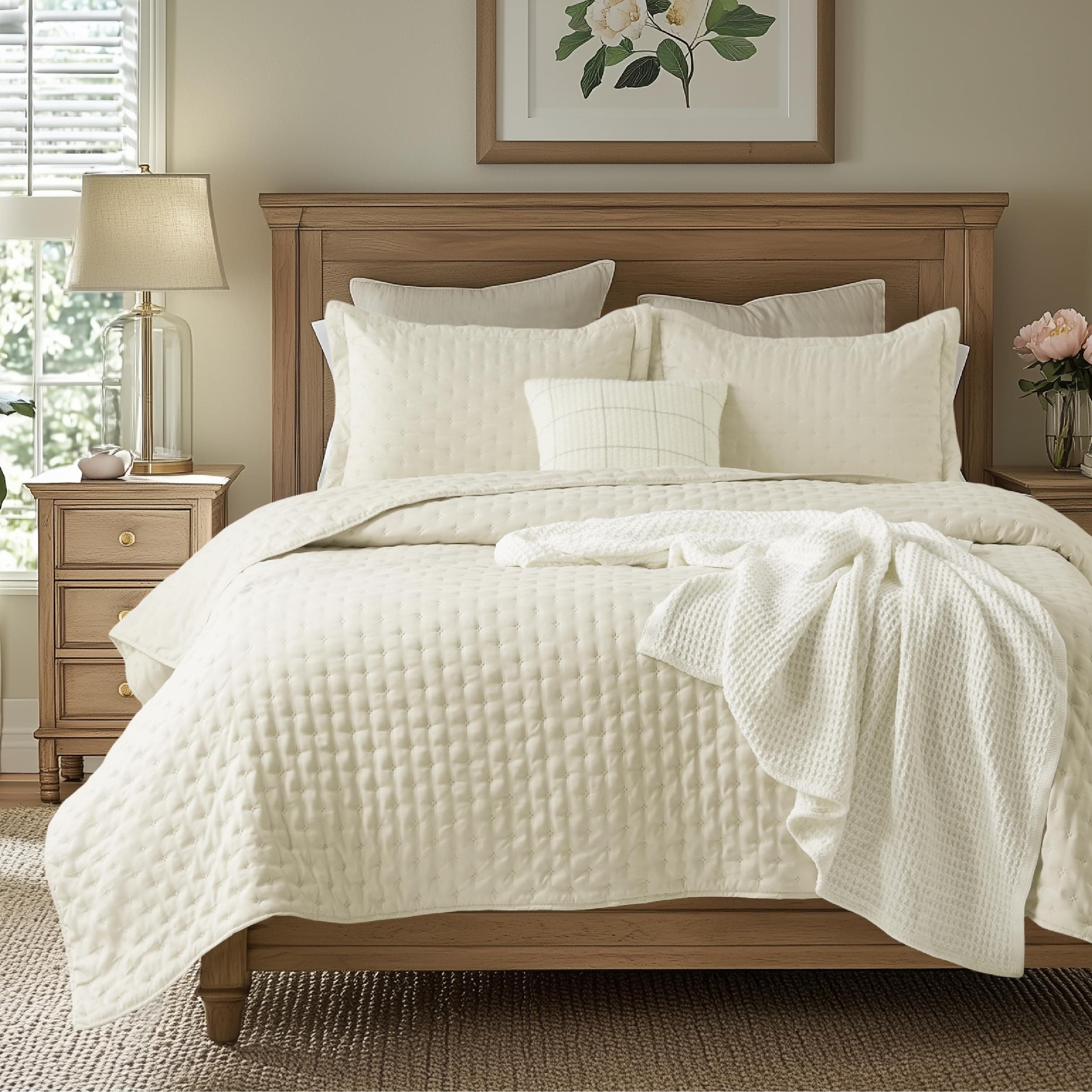 Quilts Queen Size - Cream Bedspread Queen Size & Lightweight Comforter, Modern Cottage Coverlet with Clover Pattern, Ultra Soft All-Season Bedding, 90 x 96 Inches | Stitch-Free Quilting, Ultra Soft, Lightweight, Machine Washable, Pet-Friendly