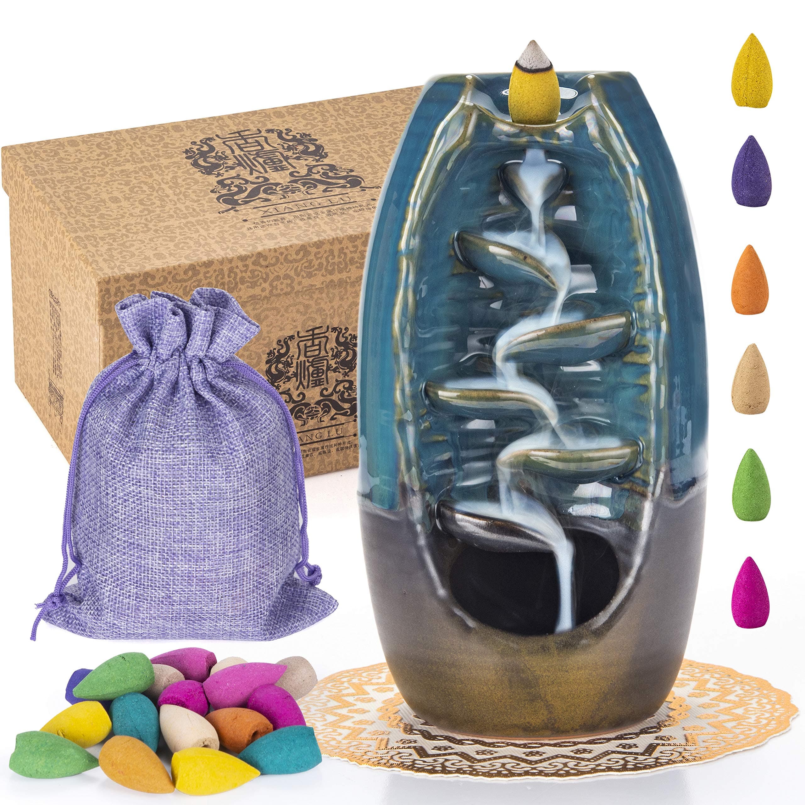Waterfall Incense Burner, Ceramic Backflow Incense Holder, 120 Bonus Cones with Carrying Satchel + Elegant Place Mat, for Home Decor, Ornament, Aromatherapy, Meditation, Relaxation