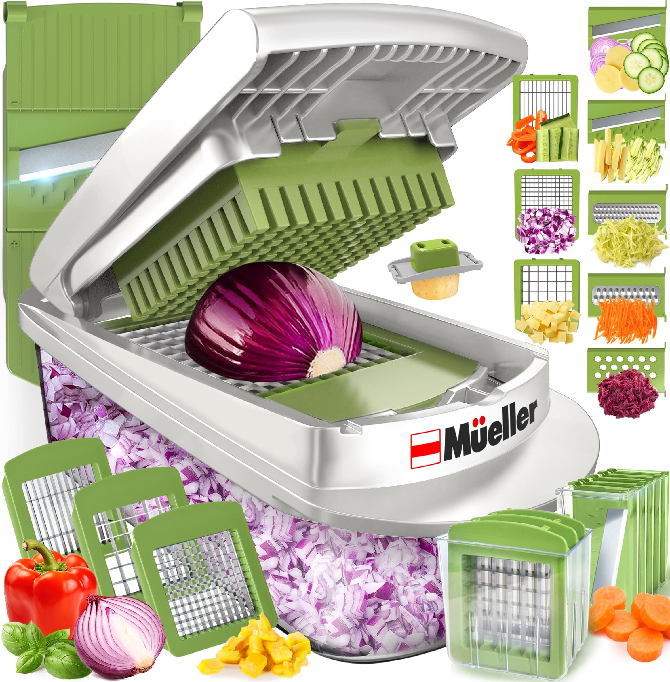 Mueller Austria Mueller Pro-Series 10-in-1, 8 Blade Vegetable Slicer, Chopper, Cutter, Dicer, Onion Mincer, Egg Slicer with Container White Sand and Pastel Green