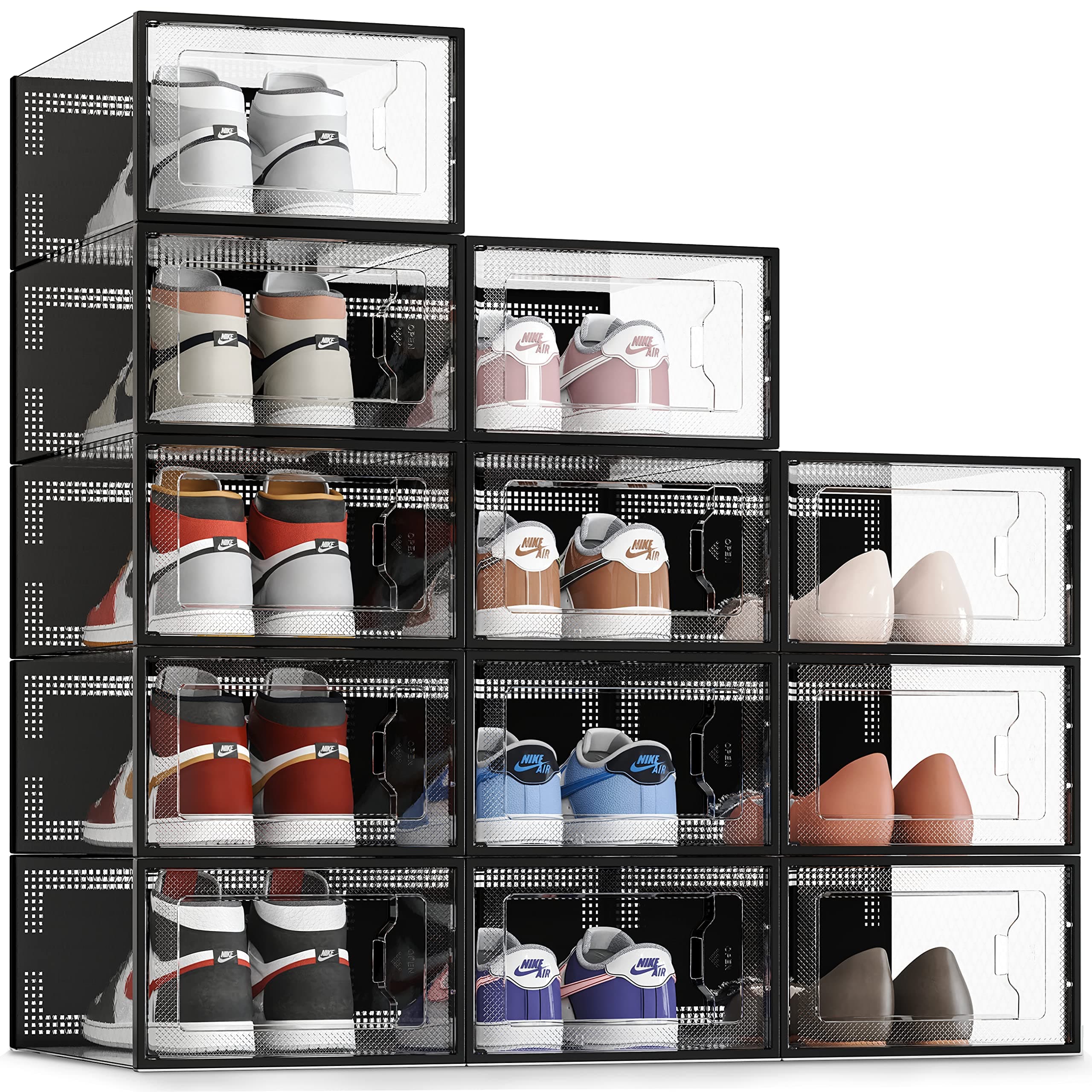 SEE SRPING XX-Large Shoe Storage Box Fit Size 14, Clear Plastic Stackable Shoe Organizer for Closet, Shoe Rack Sneaker Containers Bins Holders, Drawer Organize Unit, 12 Pack Black