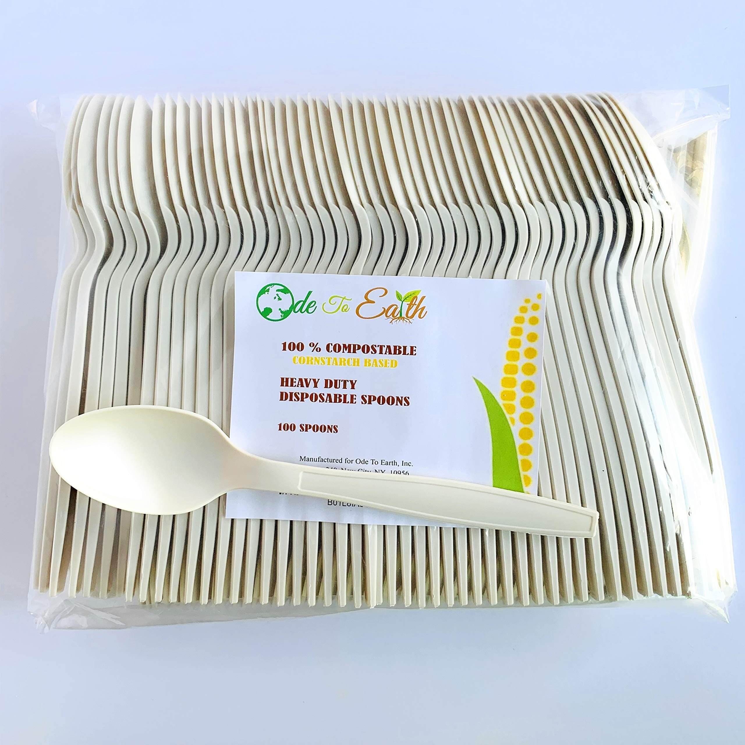 DISPOSABLE SPOONS 100% COMPOSTABLE BIODEGRADABLE CORNSTARCH (CPLA) UTENSILS/CUTLERY/FLATWARE - 100 7” LARGE HEAVY DUTY SPOONS by Ode To Earth