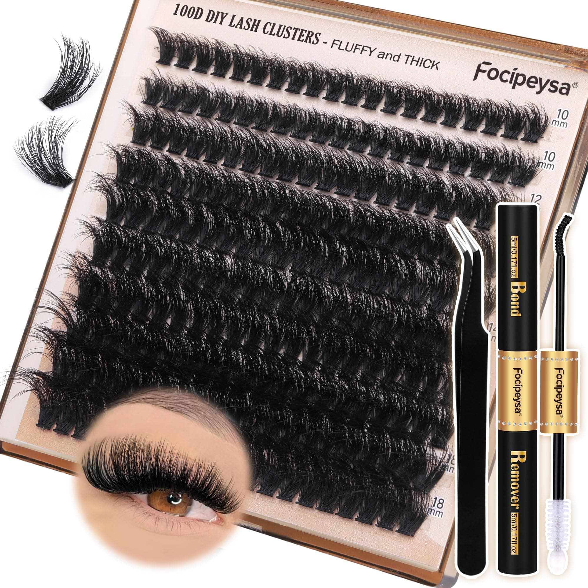 Thick Eyelash Extension Kit Volume Lash Clusters Kit 10-18mm Individual Lashes Clusters 100D DIY Lash Extension Kit 200pcs Clusters Lash with Bond and Remover Lash Applicator by Focipeysa