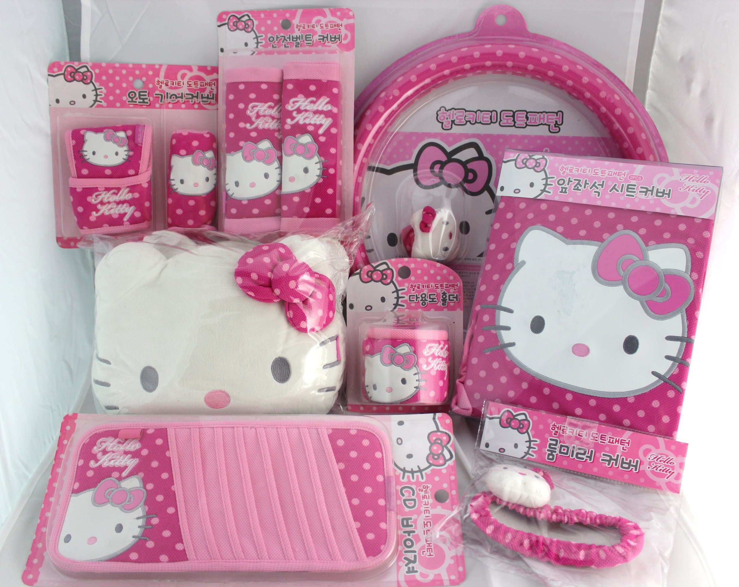 Hello Kitty Car 11 Pcs Set ; Car Mirror Cover / 2 Seat Belt Cover / Wheel Cover / Brake / Shift Cover / Multi Holder / 2 Seat Cover / Head Rest Cover / Cd Visor - Polka Dot