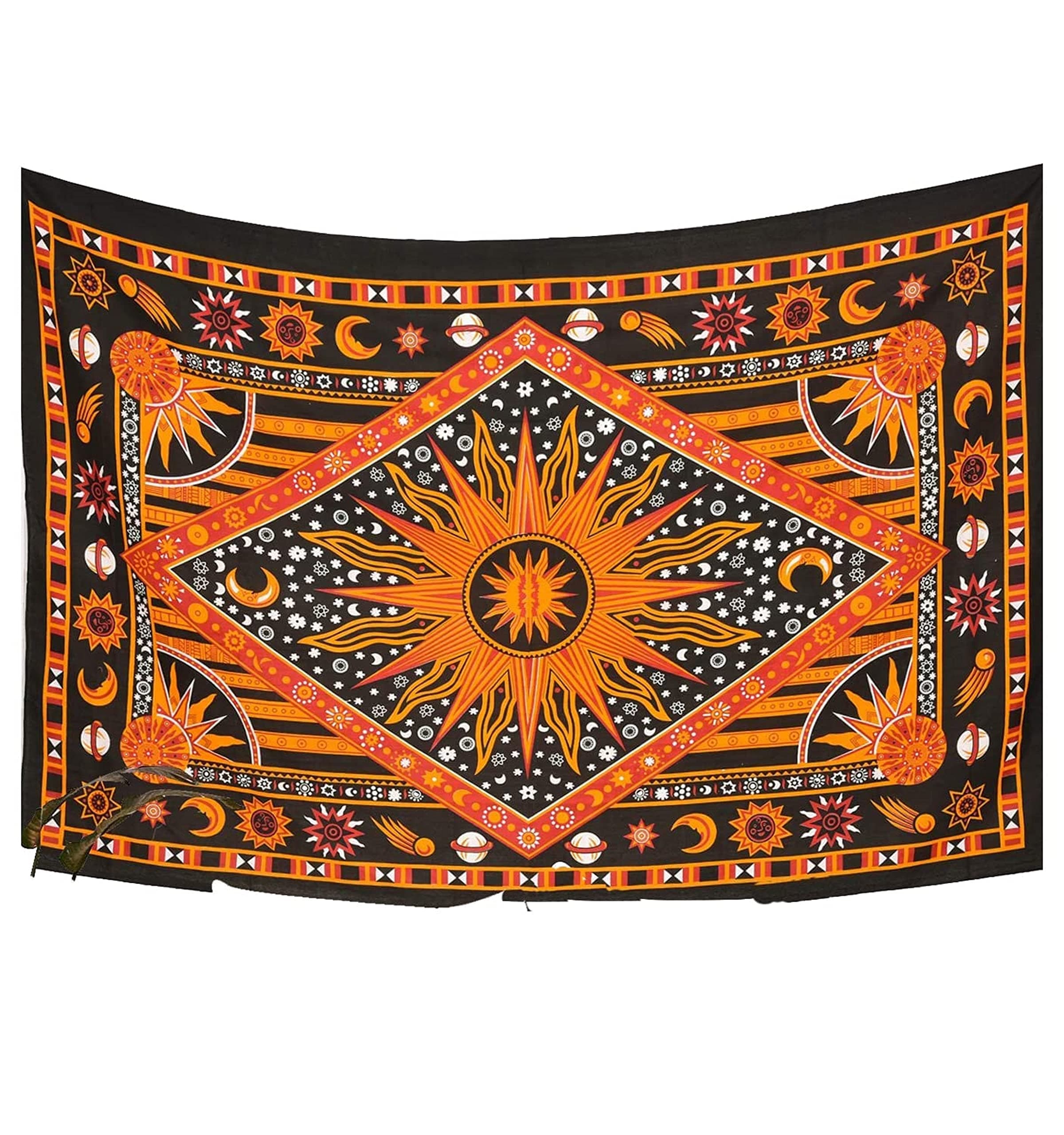 Burning Sun Tie Dye Tapestry Sun Moon Star Planet Boho Poster Tapestry Wall Hanging Boho Hippie (Orange) By Arise Export (Queen Size (80 x 90))
